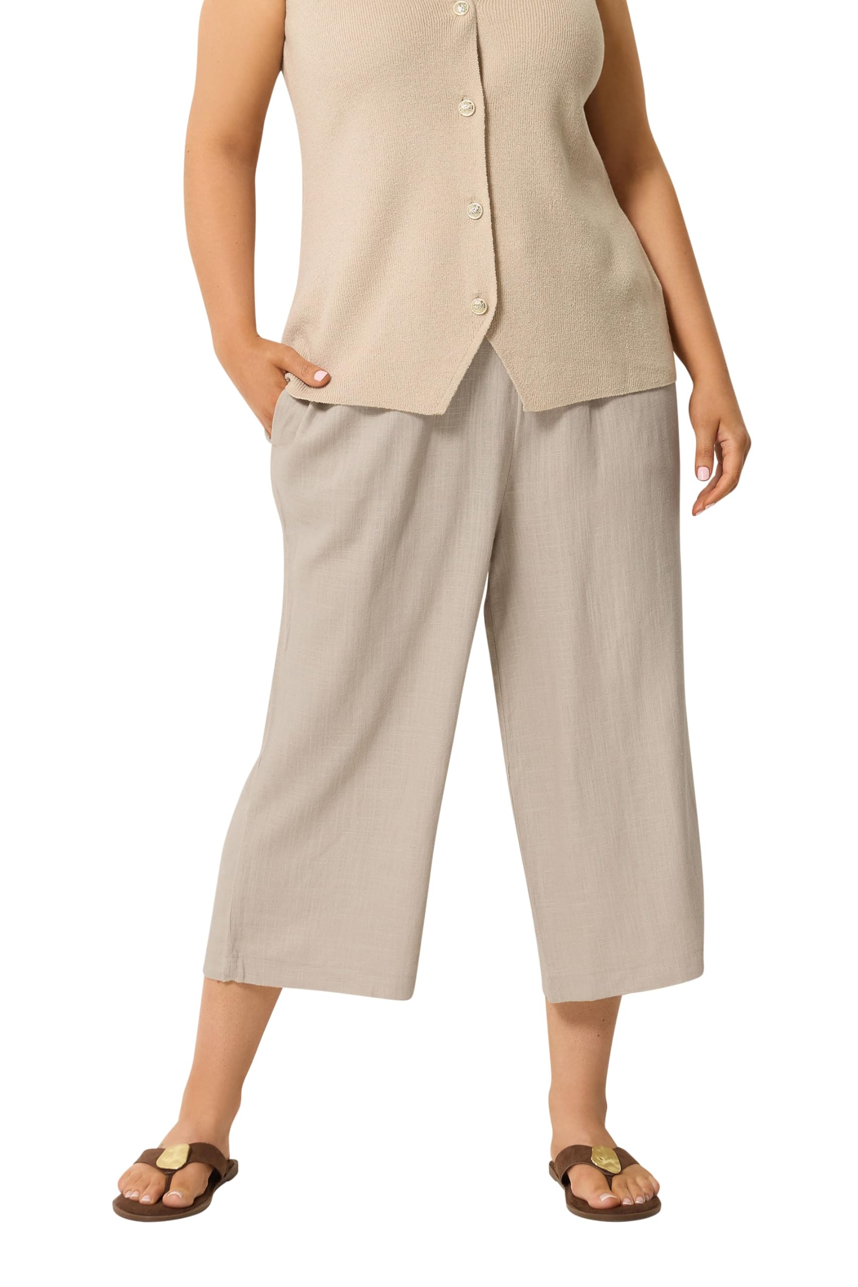 Yours Women's Cropped Wide Leg Linen Trousers in Natural | Size: 26-28