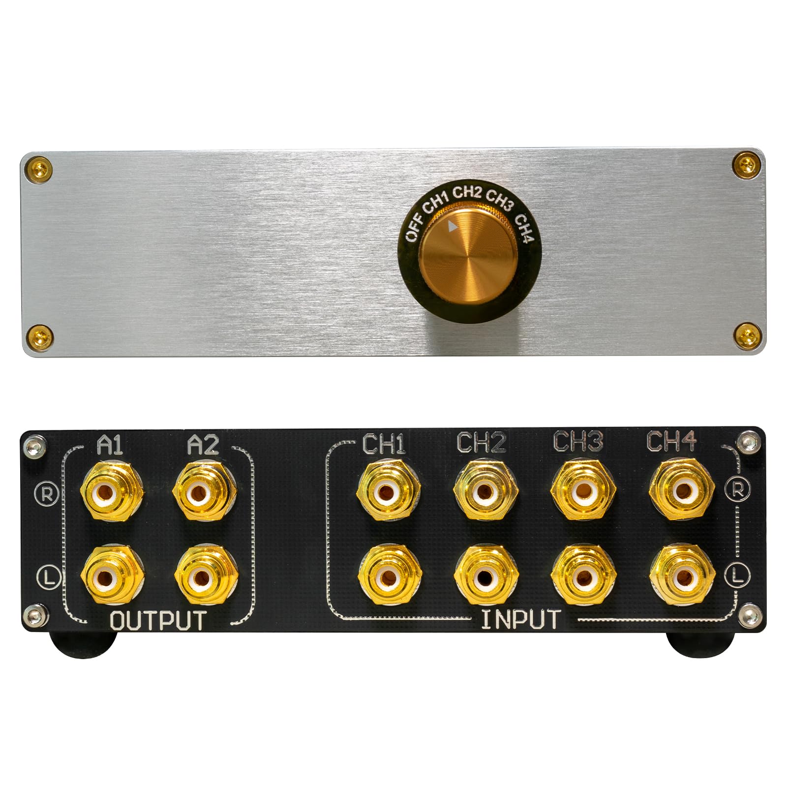 Switch Box audio RCA 4 in 2 Out - Selettore commutatore audio stereo passivo con jack RCA placcati oro e custodia in lega di alluminio, selettore di ingresso a 4 vie per lettore CD, TV, amplificatore