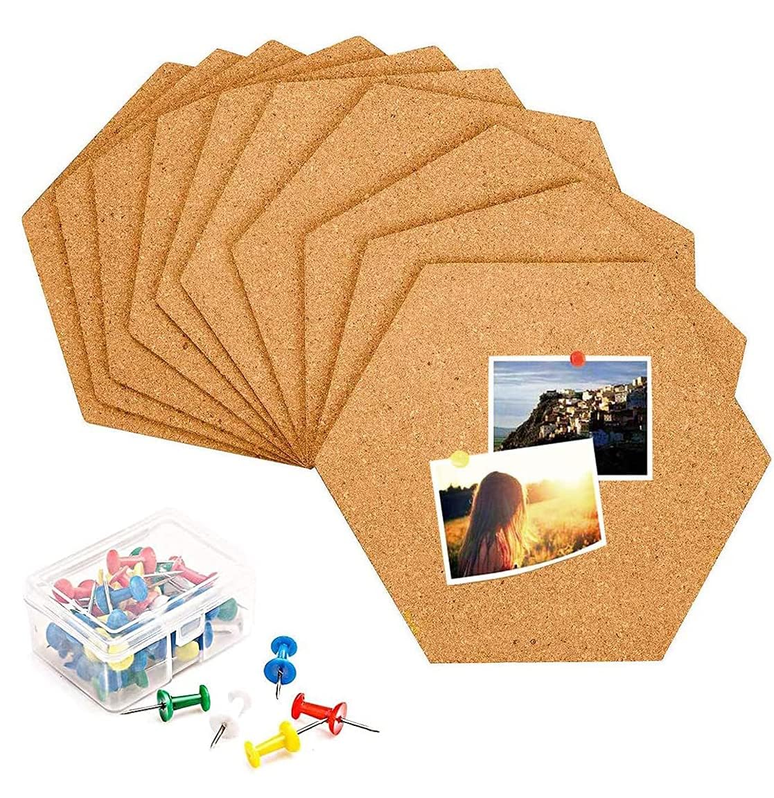 XndryanCork Board Tiles, 10 Pieces Hexagon Cork Boards with 50 Push Pins, Thicken Self Adhesive Cork Board Notice Board, Cork Bulletin Board for Bedroom Home Office School