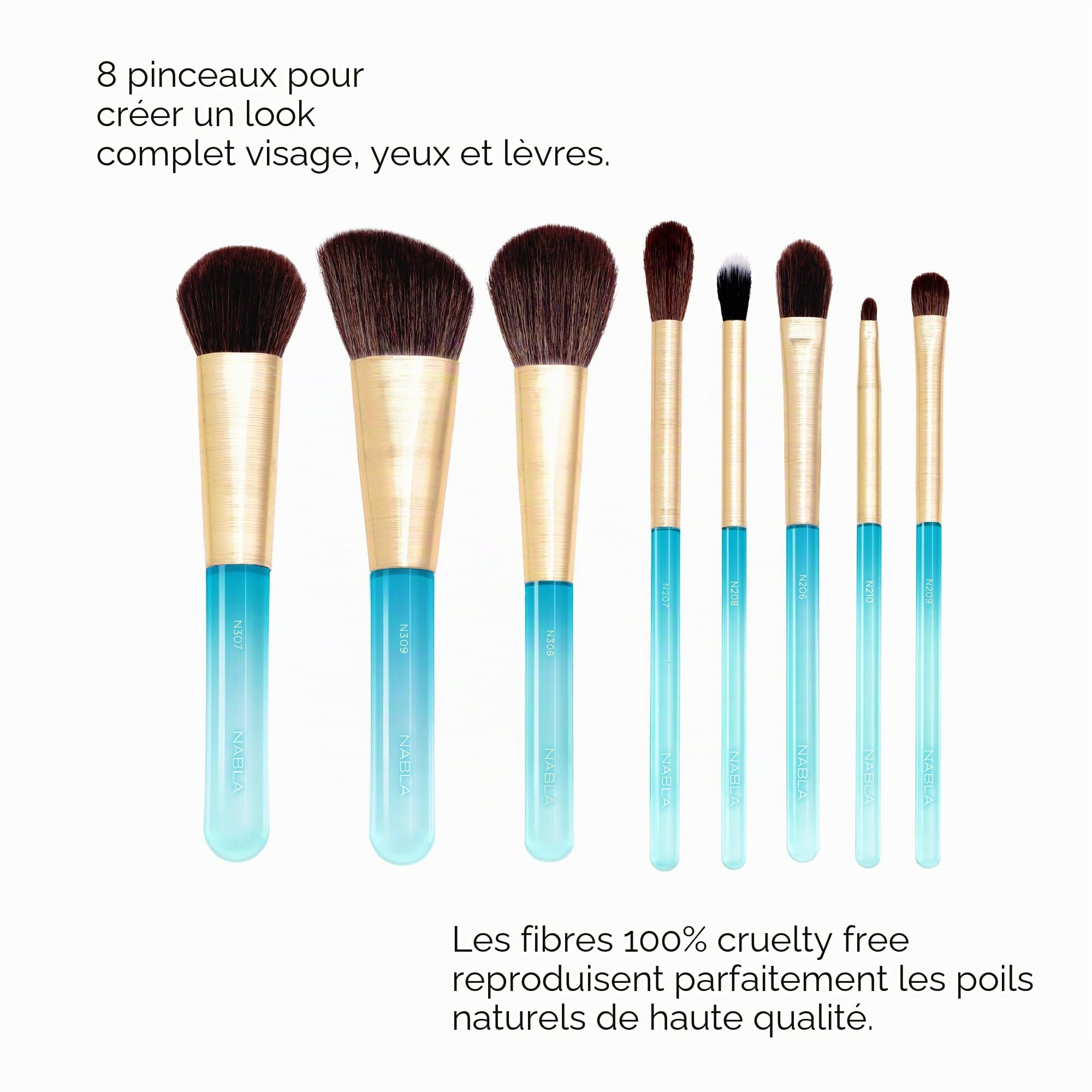 Nabla Aquamarine Essential Brush Set | Set de pinceaux de maquillage professionnels et 100% végétaliens pour un maquillage impeccable | Design élégant couleur vert aquatique, idéal comme cadeau.