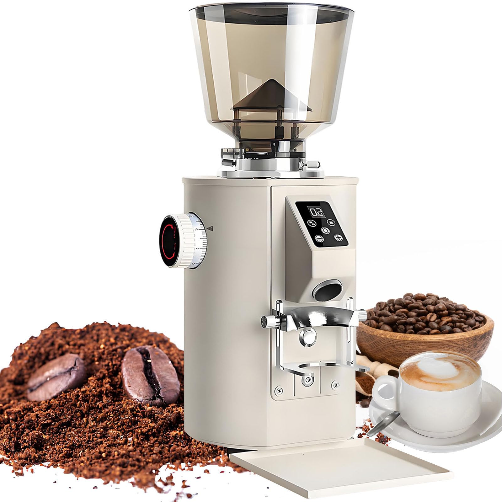 Molino Cafe Comercial, Molinillo Cafe, Molinillo De Café De Muelas Planas, 9 Ajustes Precisos/Modos De Dosificación Duales, Moledor De Cafe Espresso con Tolva De 450g De Capacidad Beige