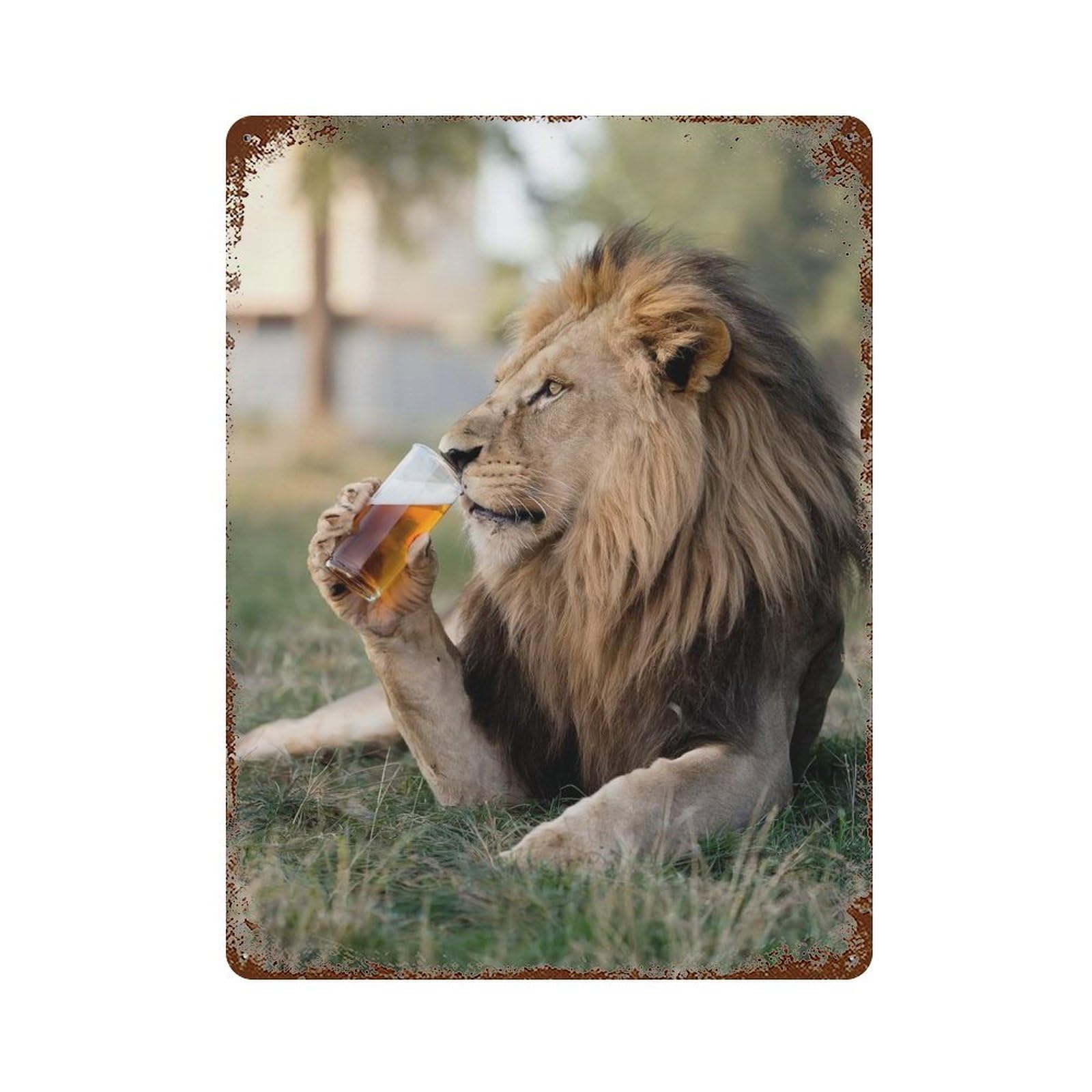 Lion Sipping A Beer Vintage Wall Sign 15.7"x11.8", Rust Effect Metal Decor for Basement, Hobby Room And Garage Decor