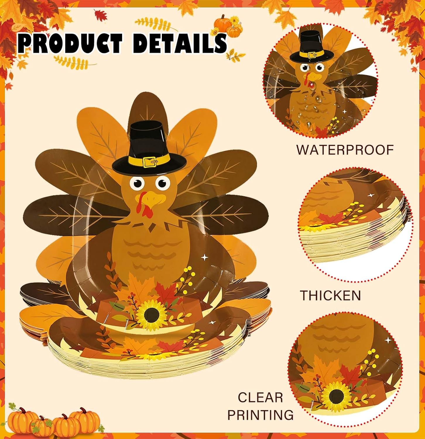 SietDESEO 48 Pcs Turkey Shaped Paper Plates for Thanksgiving - Disposable Dinner and Dessert Plates for Autumn Holiday Fall Party Supplies