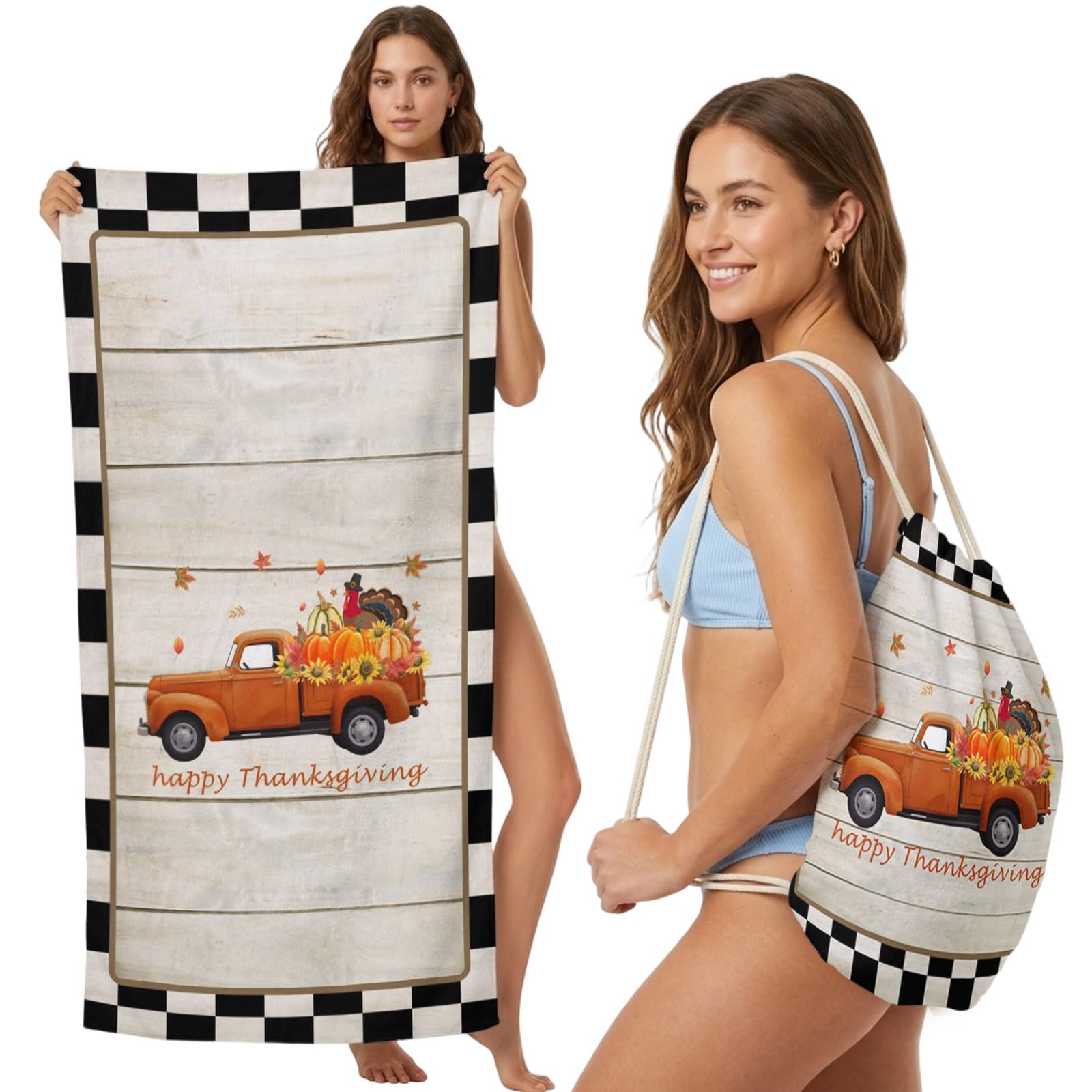 FWJZDSP 2-in-1 Beach Towel Backpack,Happy Thanksgiving Truck Bath Towel with Built-in Storage Retro Black White Plaid Convertible Foldable Beach Blanket for Travel Pool Gym Camping Swim,31x63in