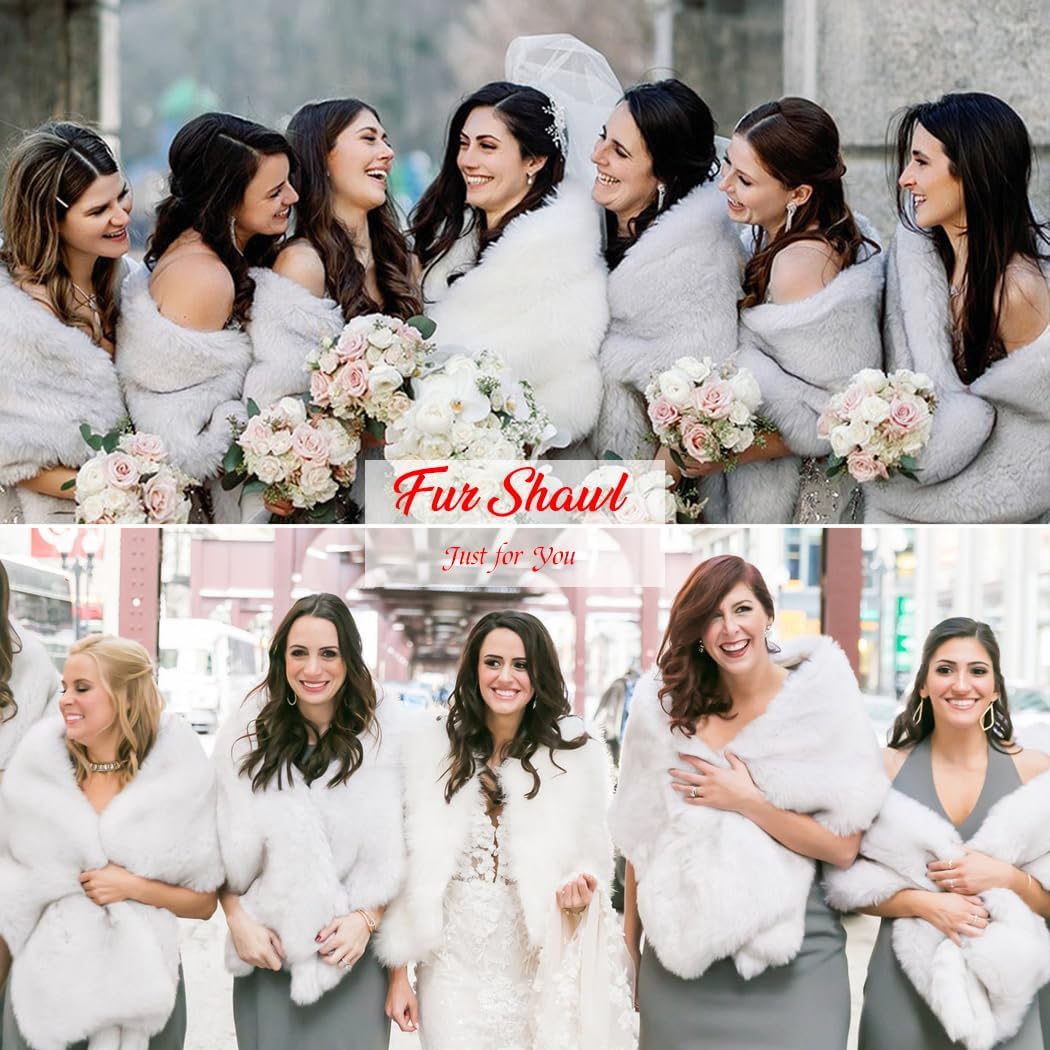 Bounzhi Women 's Wedding Faux Fur Shawl Wraps Bridal Wedding Scarf Stoles Faux Fur with brooch for Bride and Bridesmaids - Image 6