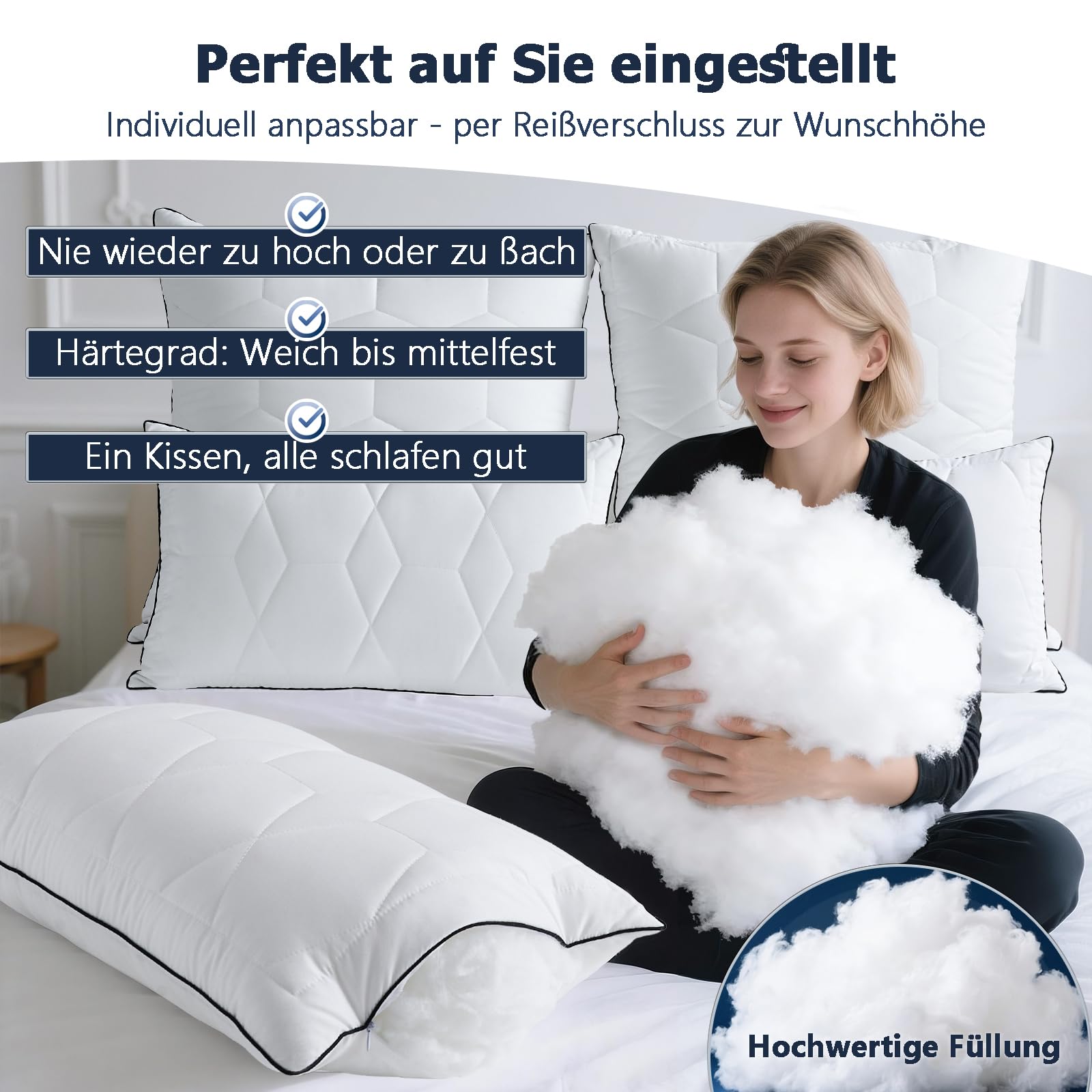 Kopfkissen 40x80 2er Set, Kissen mit Reißverschluss & Höhenverstellbar, Seiten-,Rücken-& Bauchschläfer Atmungsaktiv & Waschbar, Oeko-TEX Geprüft, für Allergiker, Schlafkissen für Bett & Sofa