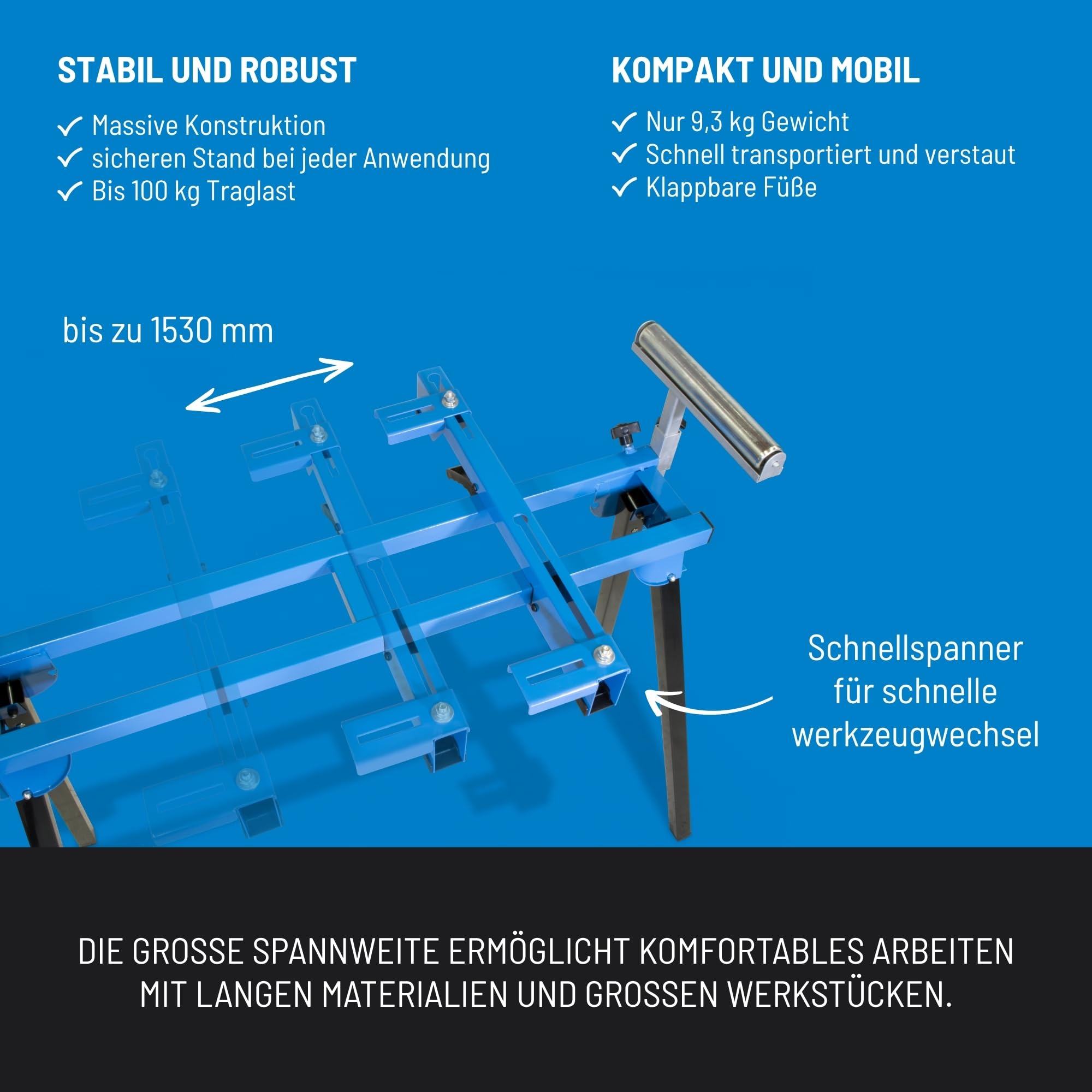 Güde Uni-Maschinen-Gestell GUG 135 (max. Spannweite: 1530 mm, max. Traglast: 100 kg, Auszug Rollenführung: 0-340 mm, Höhenverstellung Rollenführung: 0-145 mm, Rollenführung mit beidseitigem Anschlag)