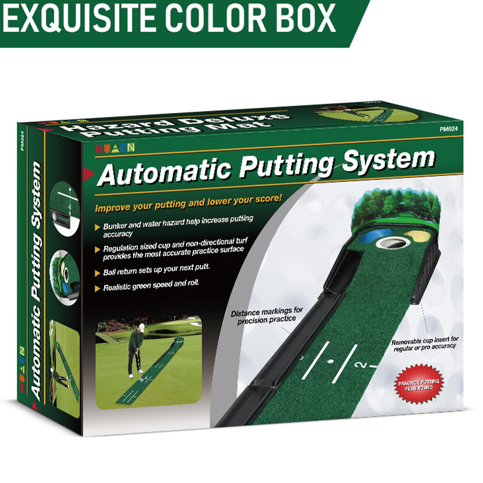 Putting Green Mat, Golf Putting Mat, Golfzubehör mit Massivholzsockel für | den Innen- und Außenbereich, Samt, mit automatischer Ballrückführung für Go Übung