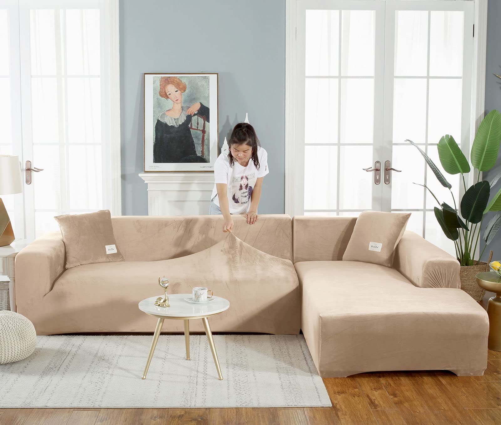 Stretch Samt Sofabezug L Form-Beigegrau-2 Sitzer+3 Sitzer | Weich Bequem Anti-rutsch überzug ecksofa Waschbarer Für Kinder Haustiere Hunde Katzen