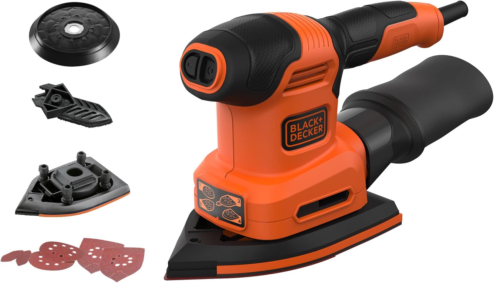 Black & Decker 200W 4-in-1 Multi Sander with Interchangeable Base, Orange/Black - BEW200-GB, 2 Years Warranty