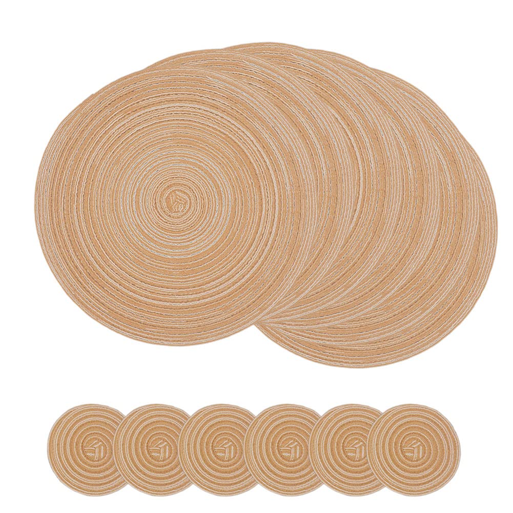 SCF2017 Set of 6 Round Woven Cotton Placemats, Heat Resistant Washable 36cm Table Mats and 11cm Coasters,Khaki โ image 1