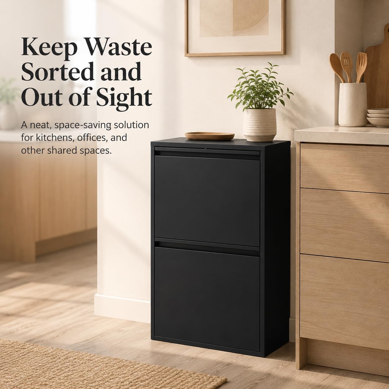 Sistema di raccolta differenziata con 4 contenitori da 15 l, pattumiera da cucina con armadio (nero) | 56 x 24,5 x 91 cm, acciaio laminato a freddo, 4 contenitori da 15 l, montaggio a parete, per cucina, ufficio, commercio