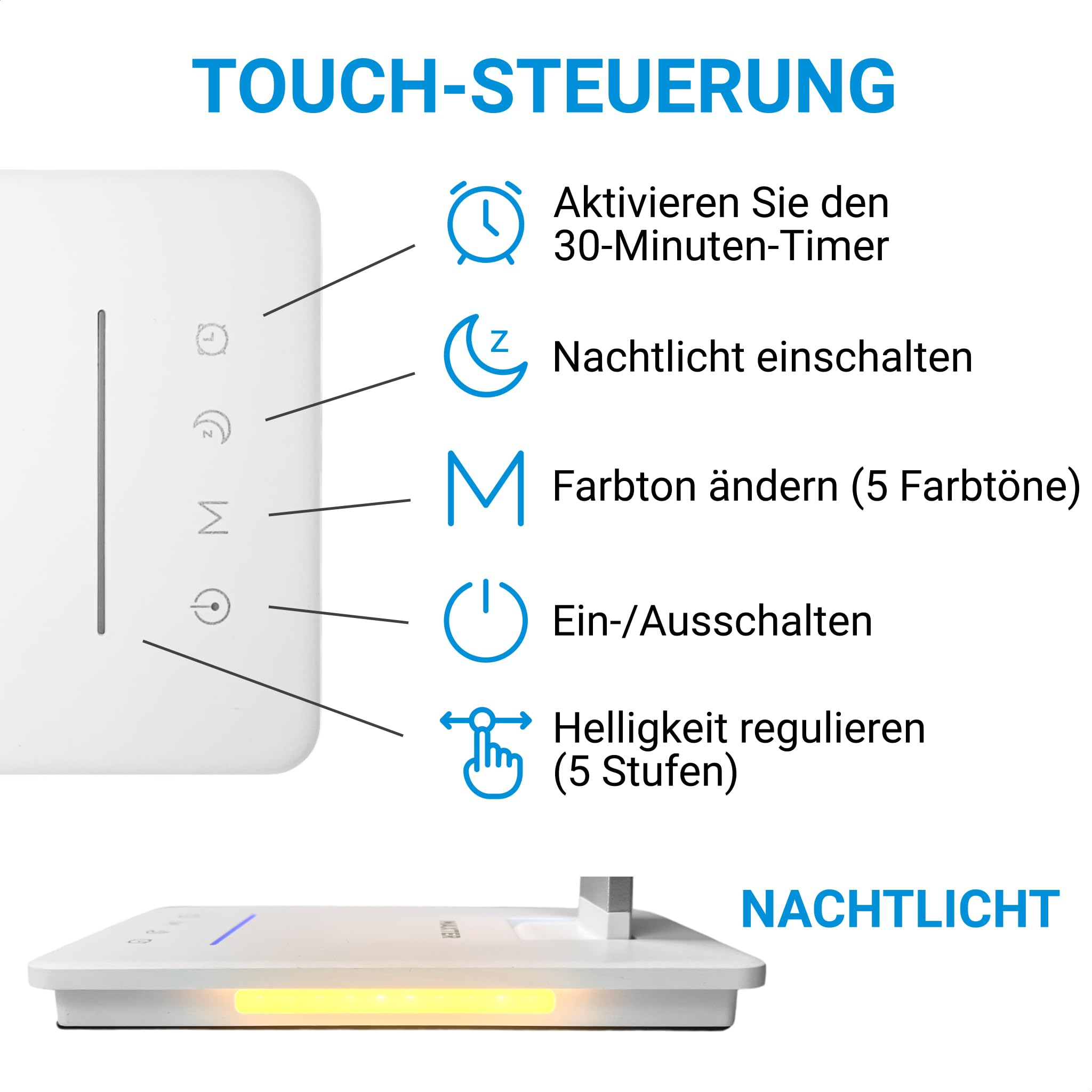 Kabellose LED Schreibtischlampe mit Wiederaufladbarer BATTERIE - Nachttischlampe - Tischlampe - Dimmbares LED Lampe (5 Helligkeits- und 5 Farbstufen, USB-C, 30 Min Timer, Lesemodus) - Desk Lamp