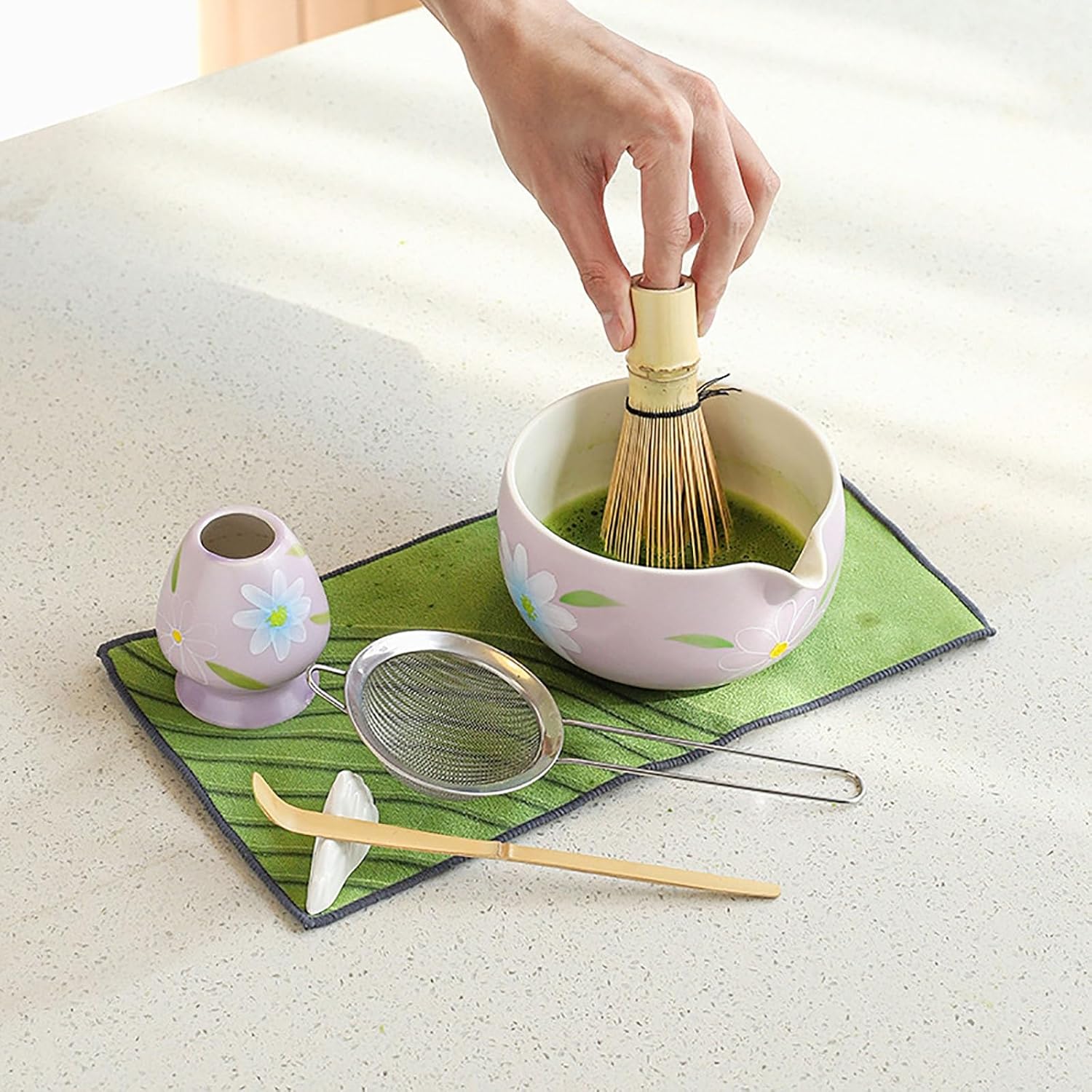 7-piece Matcha Whisk Starter Set Including Matcha Bowl, Matcha Whisk And Stand, Sieve, Spoon, Cloth Mat, Gift For Matcha Lovers(With mouth)