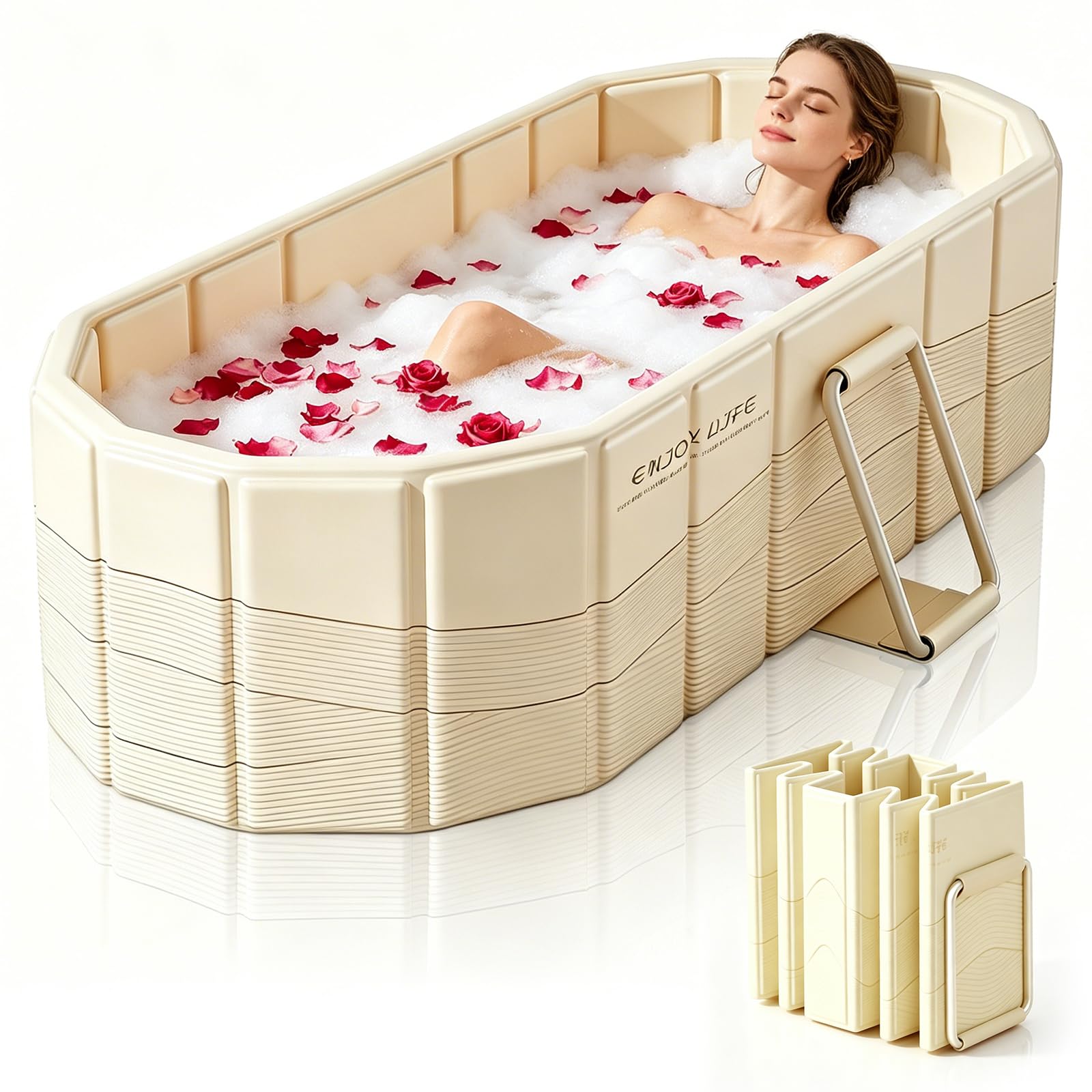 Foldable Bathtub for Adults, 150 × 50 × 50 cm, Portable Bath for Hot & Cold Baths, 5-Layer Material, Dual Support Frame, 2 Drains