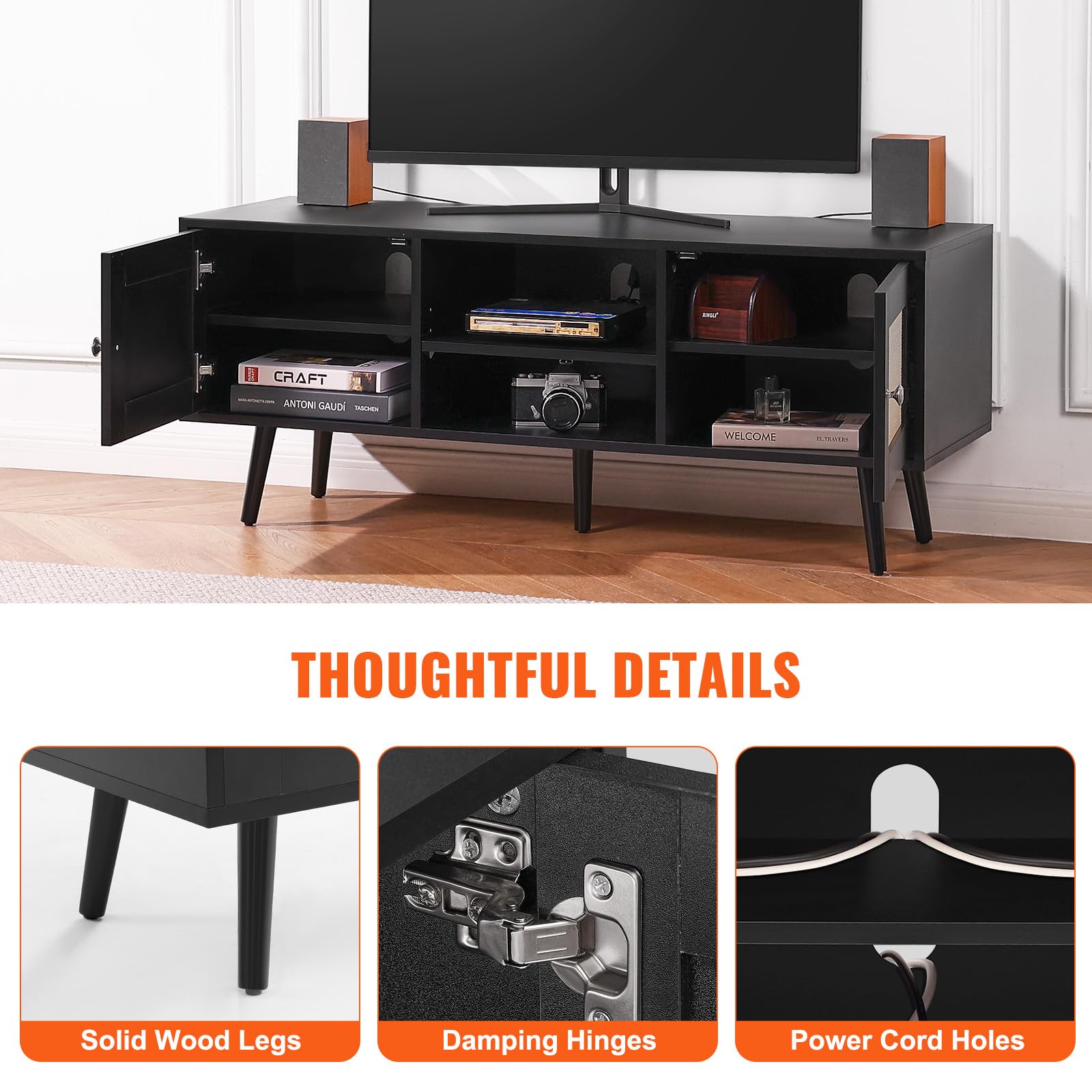 VEVOR Rattan-TV-Ständer, Fernsehschrank Boho-TV-Schrank für 140 cm Fernseher, Retro-TV-Ständer, Rattan-TV-Konsole mit verstellbaren Regalen & 2 Türen, für Wohnzimmer, Medienraum, Schwarz