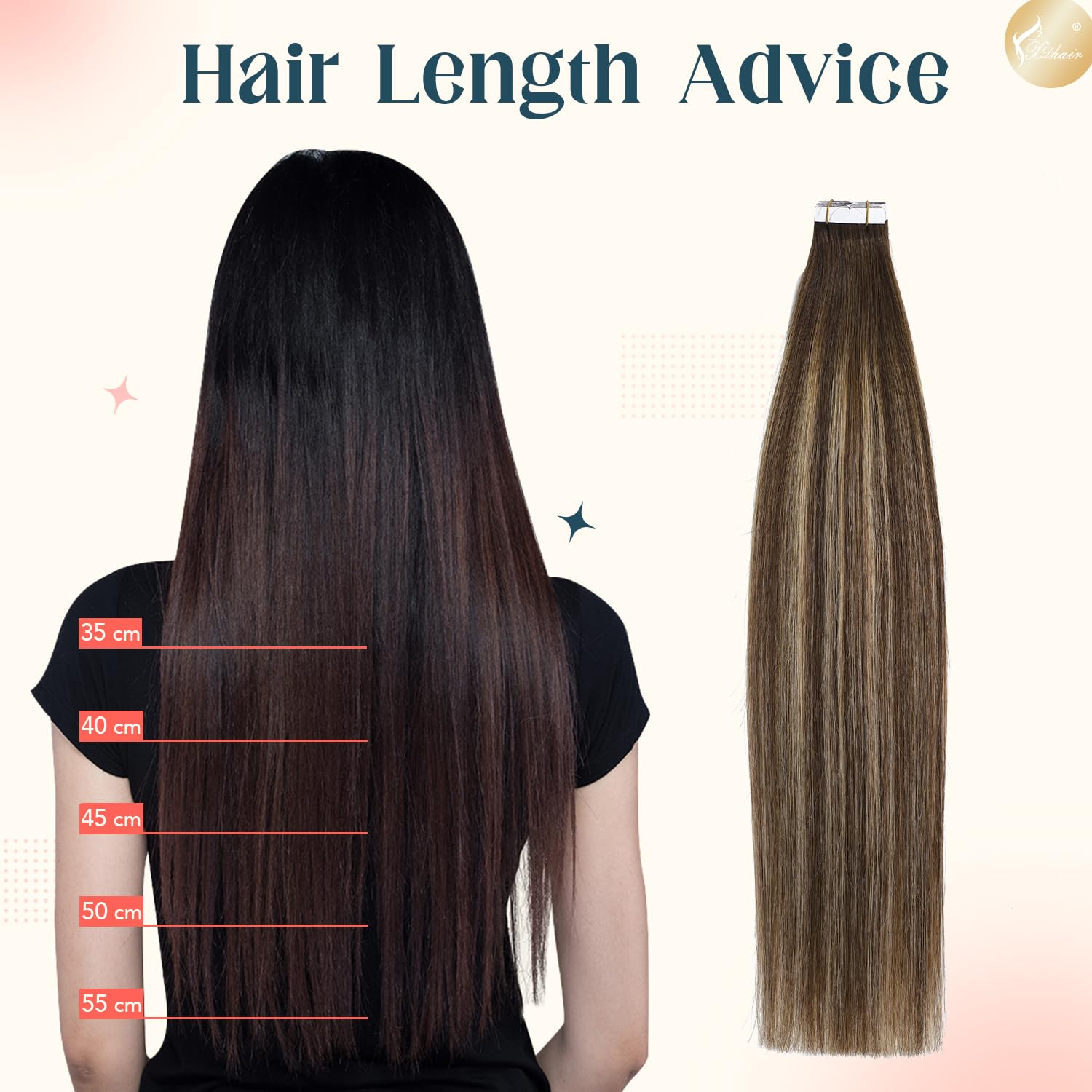 XDhair Extension Cheveux Naturel Adhesive,20pcs/50g Brun Chocolat à Blond Miel Extension Cheveux Naturel Adhésif Colored Remy Tape in Hair Extensions(#4/27/4-16)