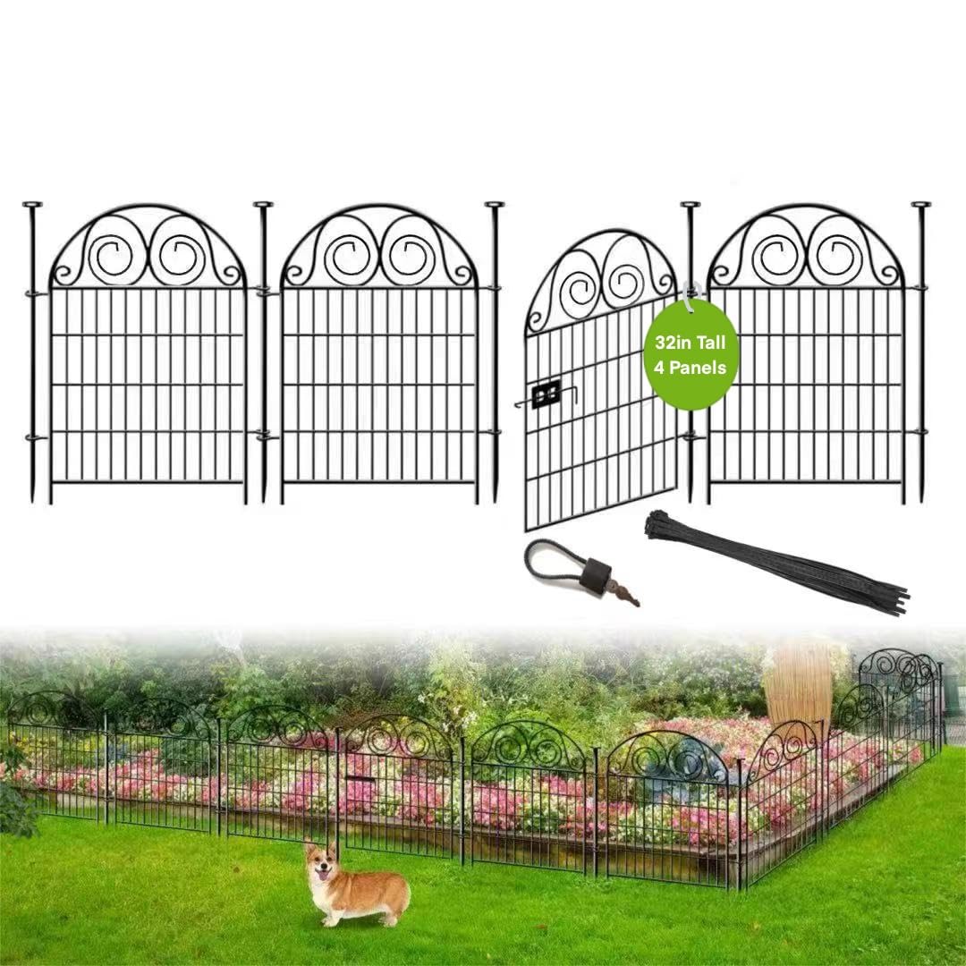 Tall Garden Fence Animal Barrier with Gate, 32 in(H) 4 Panels Garden Fences and Borders for Dogs, Total Length 9 Ft, Flower Bed Fencing-image-27