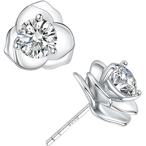 Impalsory Moissanite Rose Stud Earrings, 18K Gold Plated Sterling Silver, Hypoallergenic Floral Jewelry for Women