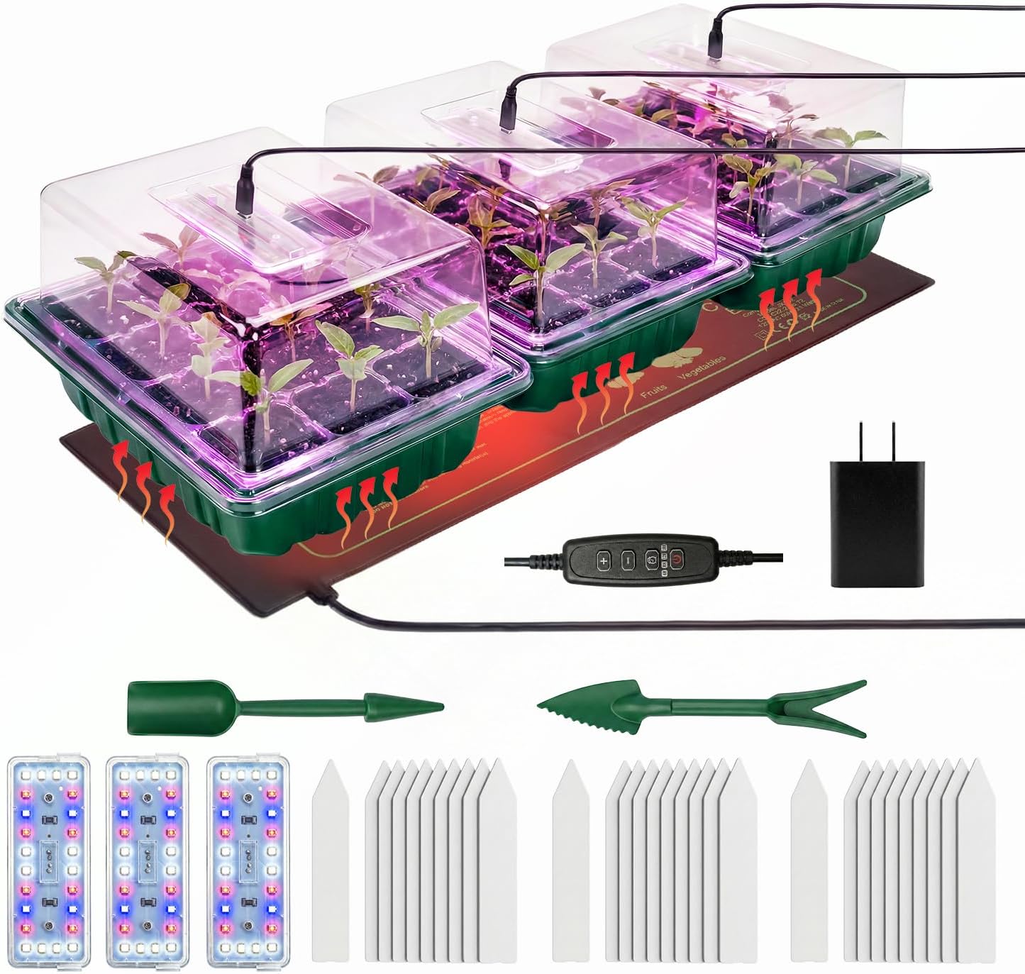 Seed Starter Tray 3 Pack with Heating Mat & 24 Full Spectrum LEDs Grow Light – Auto Cycle Timer, Humidity Dome Ventilation Cover, Drainage Holes, Includes Gardening Tools – Green Version