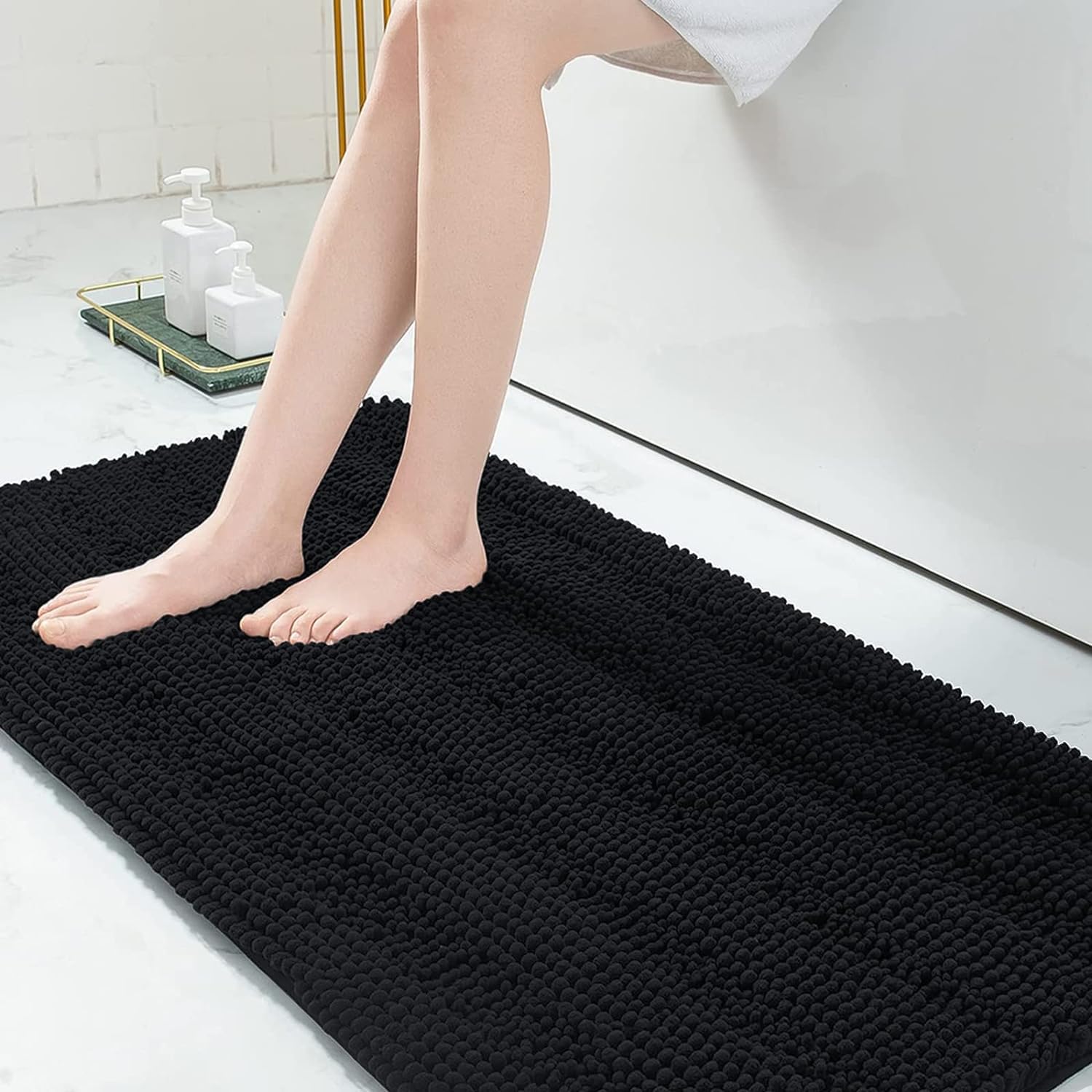Grandaily Chenille Bathroom Rugs 70x24, Soft Absorbent Bath Mats, Black