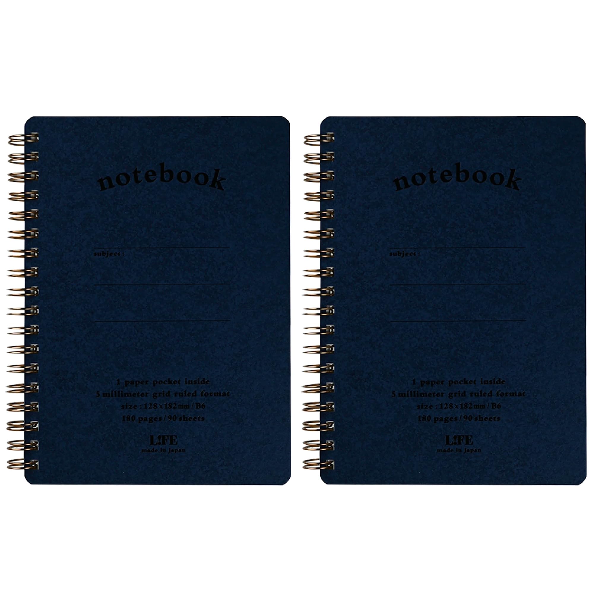 IPPINKA Life Pocket Note - Set di 2 fogli formato B6 (18,21 x 12,80 cm), griglia (5 mm), 90 fogli ciascuno, copertina blu, realizzati in Giappone