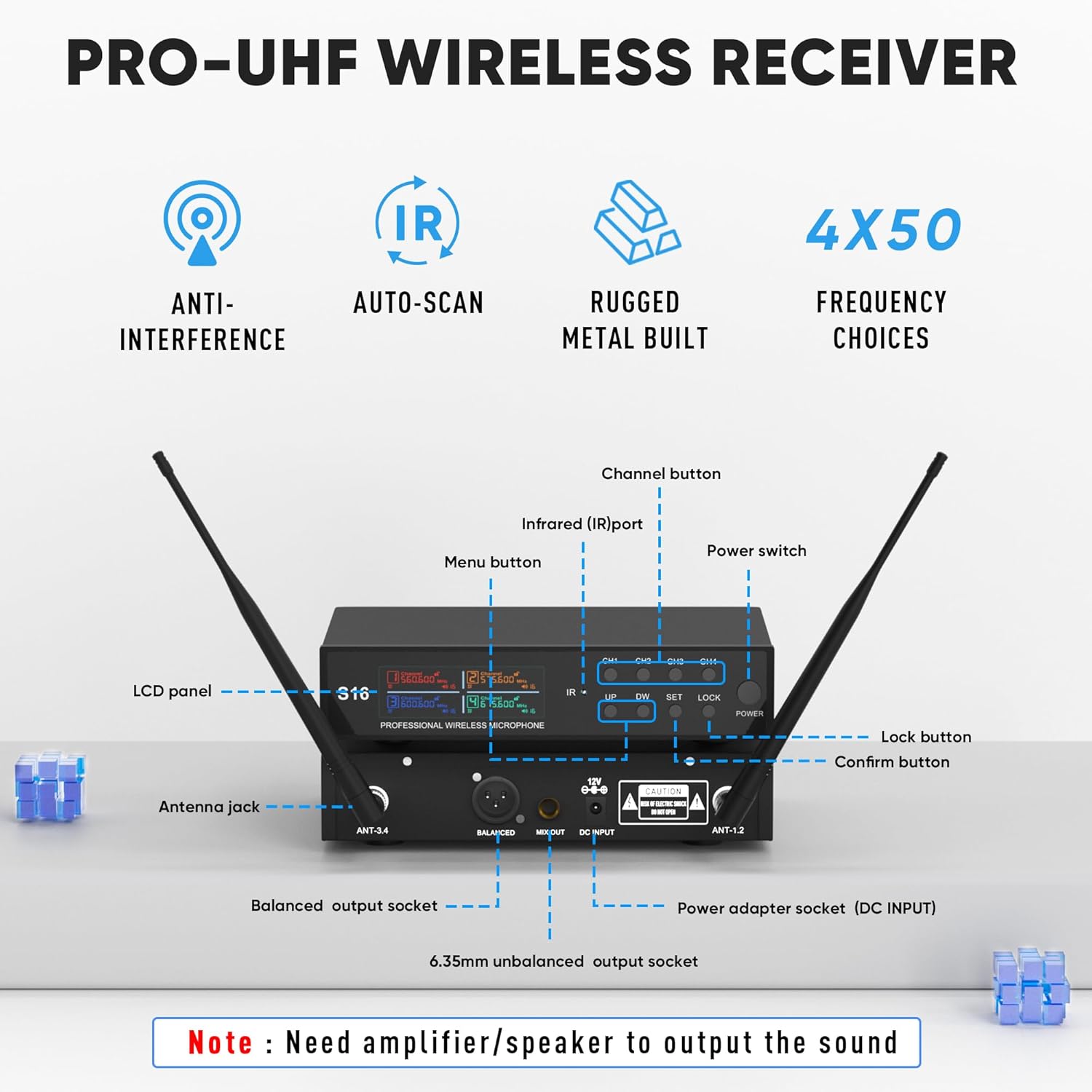 Wireless Microphone System, Pro 4 Channel UHF Mics Set with Metal Cordless Handheld Mics & Receiver, 200 Adjustable Frequency, 300ft Range for Singing, Church, Karaoke, Party - Image 2
