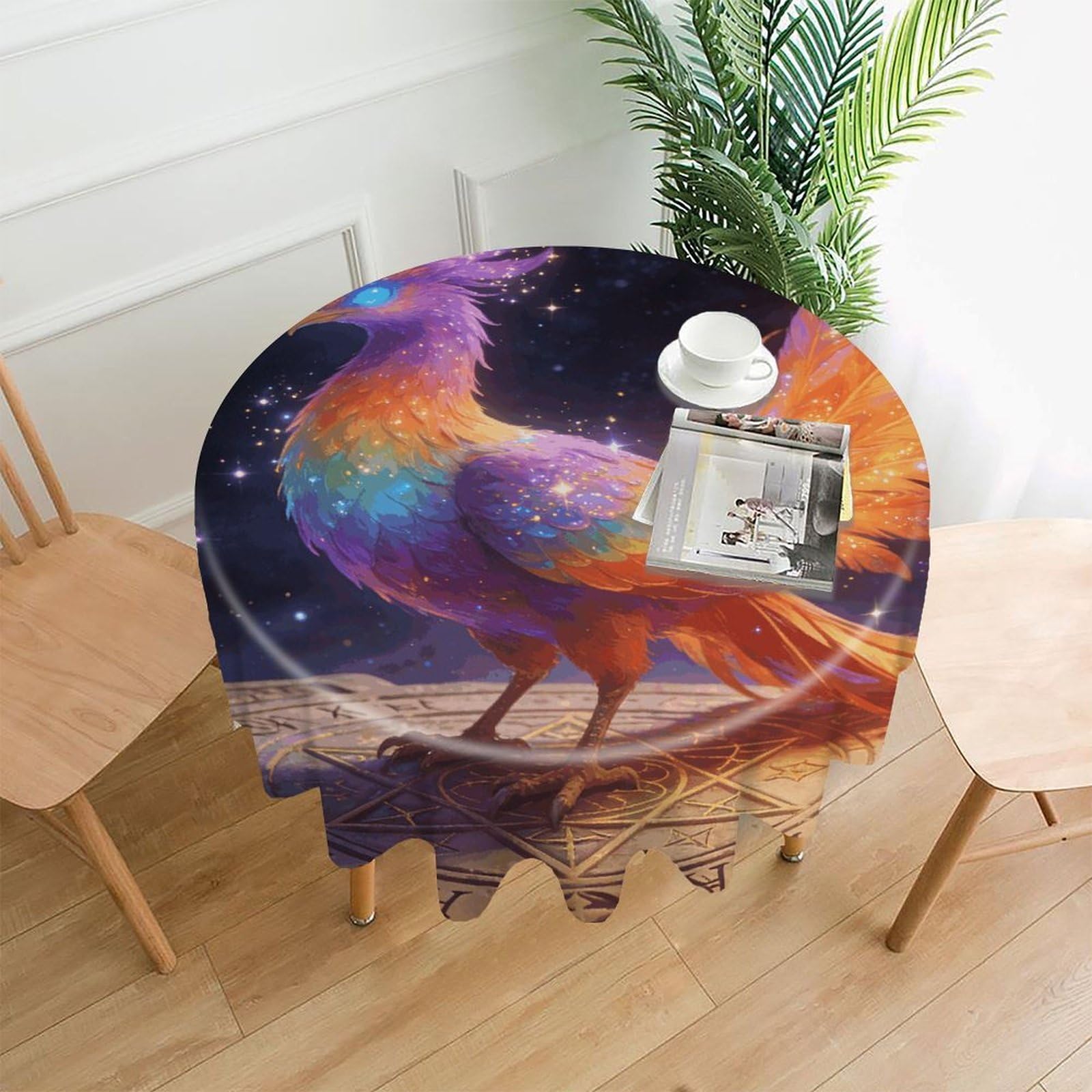 LDGSUPH Star Feather Phoenix Round Tablecloth Cover Washable Luxurious Fabric Table Cover Decor Wrinkle Free Fashion Round Table Cloth for Home Dining Kitchen Party 60 in