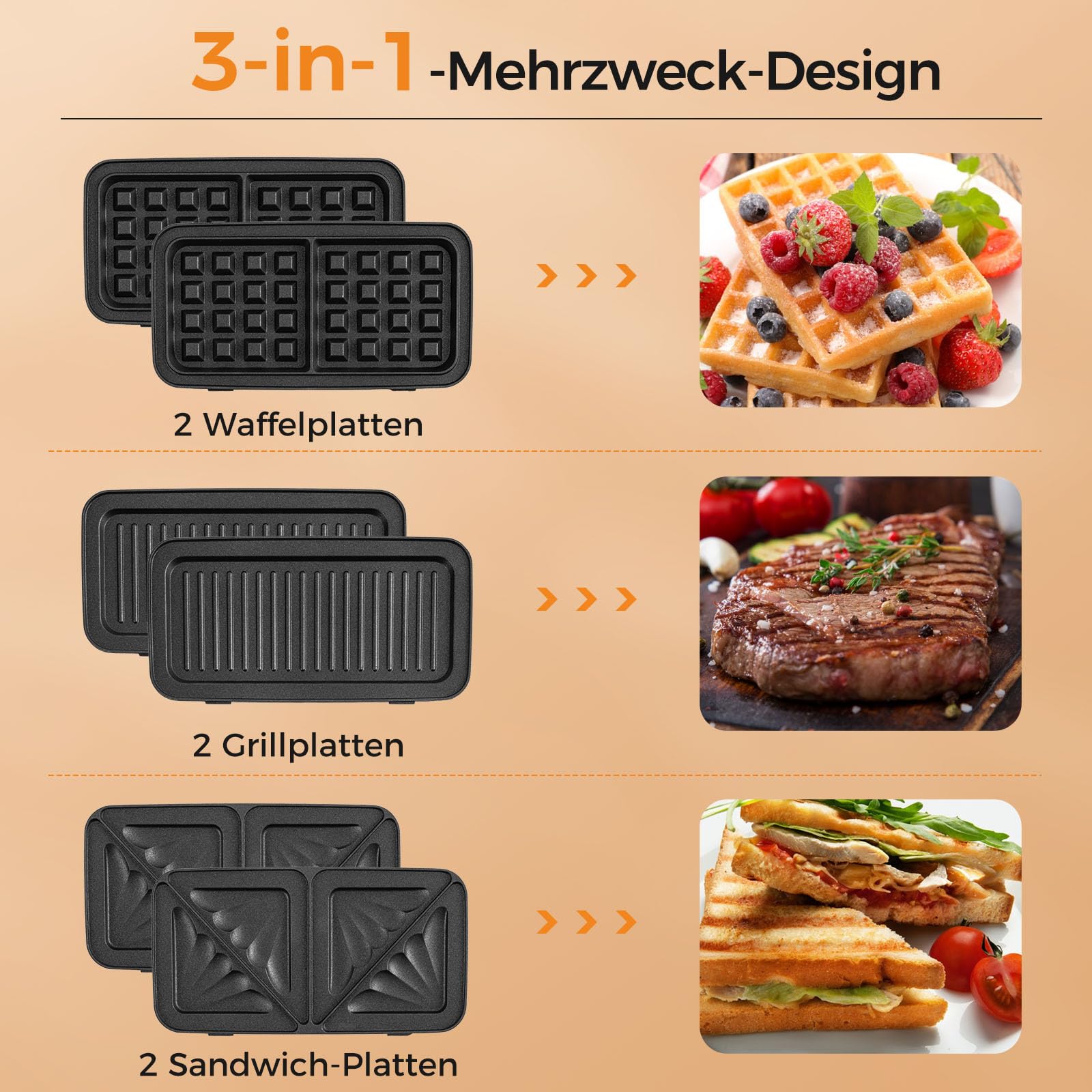 GOPLUS 3-in-1 Sandwichmaker, Waffeleisen, Kontaktgrill, 1200W Sandwichtoaster mit 5-Gang-Temperaturregelung, mit abnehmbaren Platten - Antihaftbeschichtung - elektrischer Panini Maker