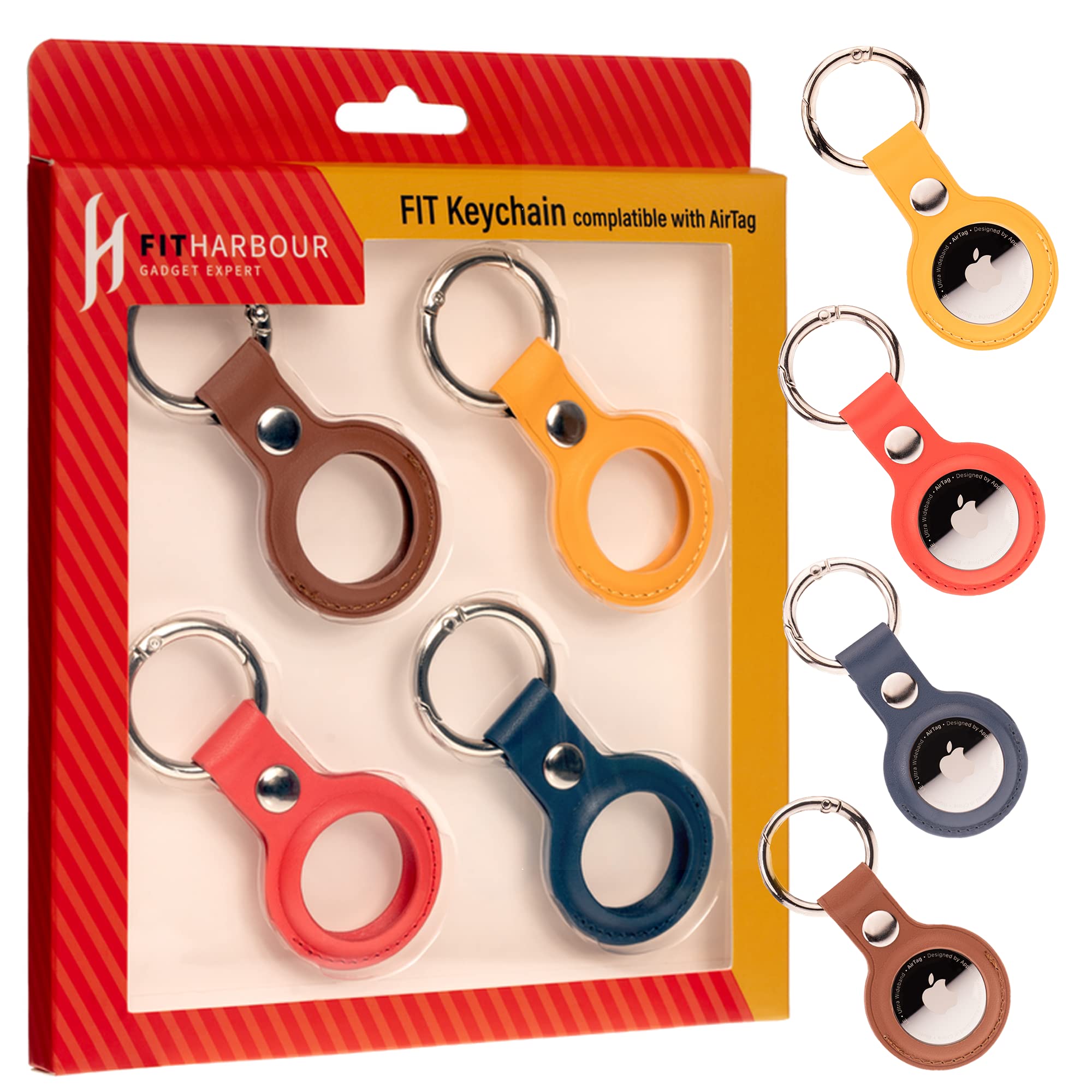 Fitharbour AirTag Key Ring Keychain Ring for Apple Protector Cover PU Leather Protective Skin Cover for AirTags Finder Keychain (4Colors)