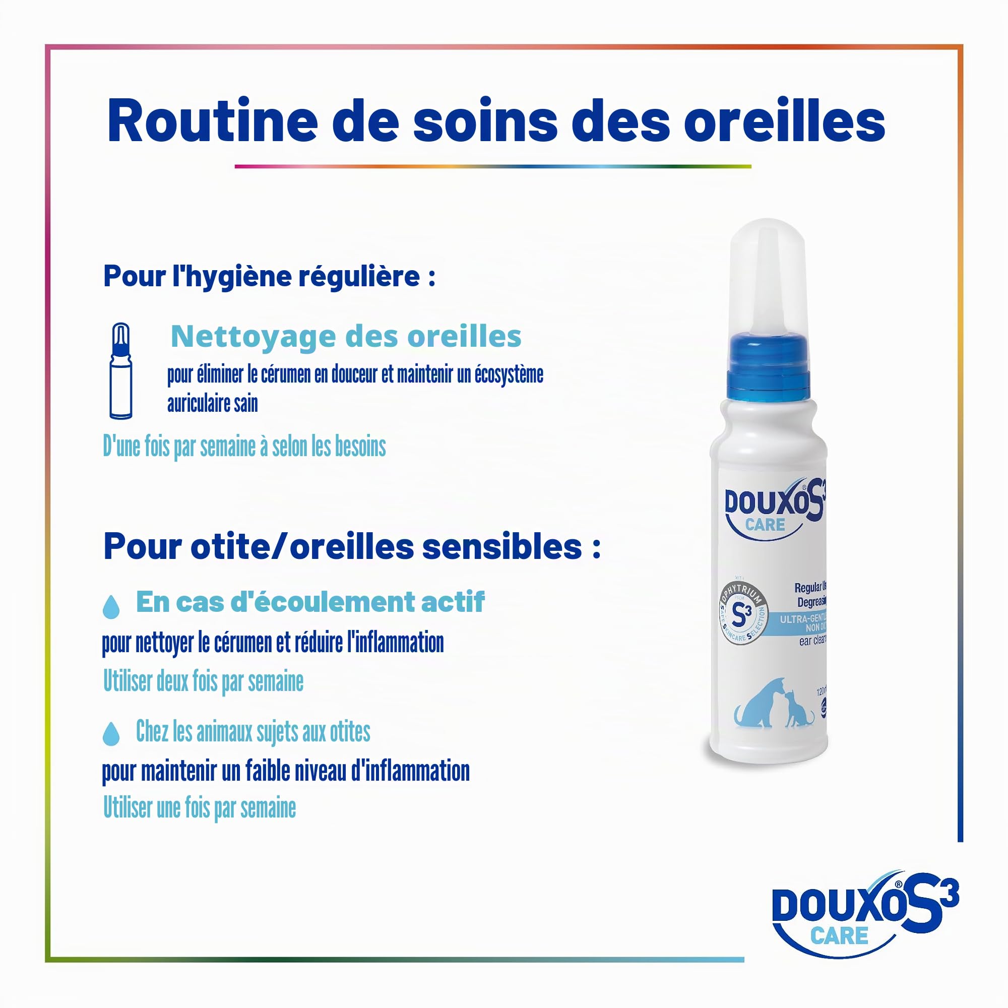 DOUXO® S3 Care Nettoyant d'oreille 120 ML | Recommandé par Les vétérinaires et cliniquement prouvé | pour Chiens et Chats | Utilisation Douce et régulière | Nettoie et élimine la Cire | Apaise