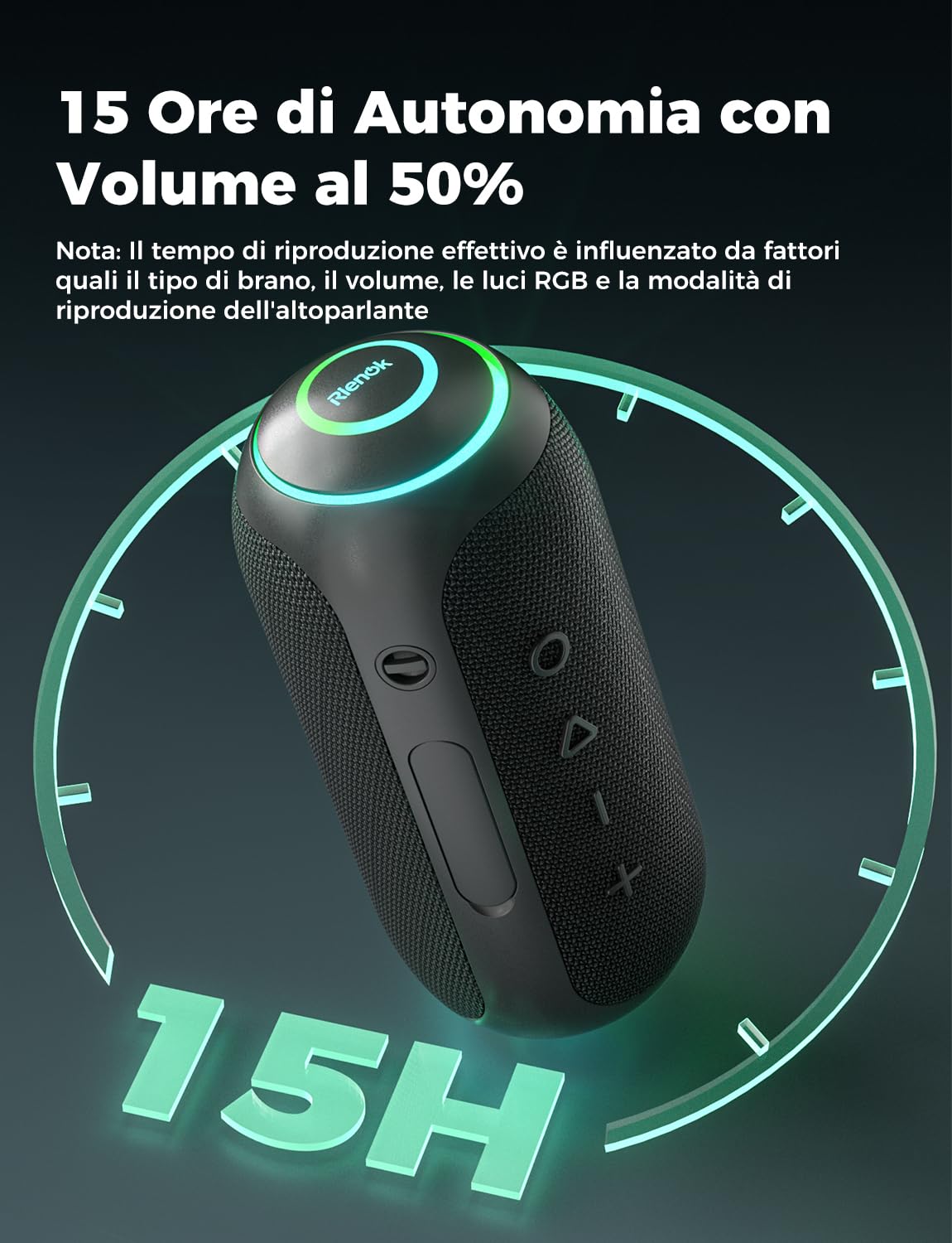 RIENOK Cassa Bluetooth Portatile Potente IPX7 Impermeabile, 30 Ore di Autonomia, Altoparlante Bluetooth Doppie Trombe, Vero Stereo Senza Fili, Luce LED, Supporto Scheda TF & AUX (Nero Antracite)