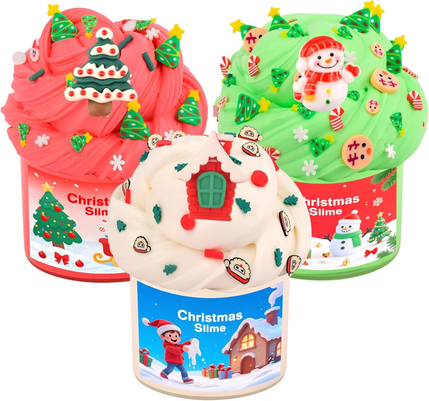 Christmas Slime Kit with 3 Pack Butter Slime, Red Green White Slime, Xmas Stickers and Charms, Party Favors Gift for Girls and Boys, Super Soft and Non-Sticky DIY Surprise Slime, Stocking Stuffers
