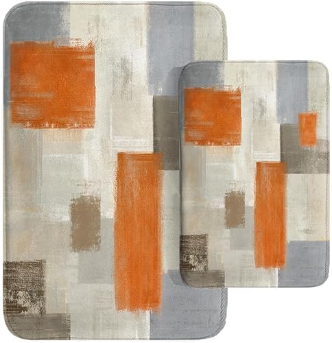 Britimes Juego de 2 tapetes de baño de arte abstracto moderno, color naranja y blanco, cubierta lavable, tapetes para decoración de baño, 16 x 24 y