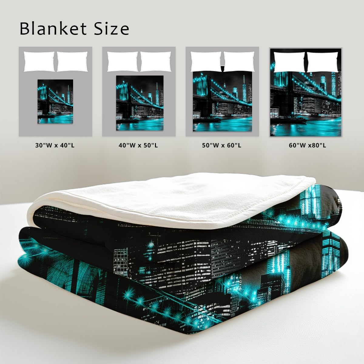 New York City Building Blanket for Bed Couch Cityscape Blanket Throw Black White Teal Decor Flannel Prints Bedding Home Decor (49"x59")