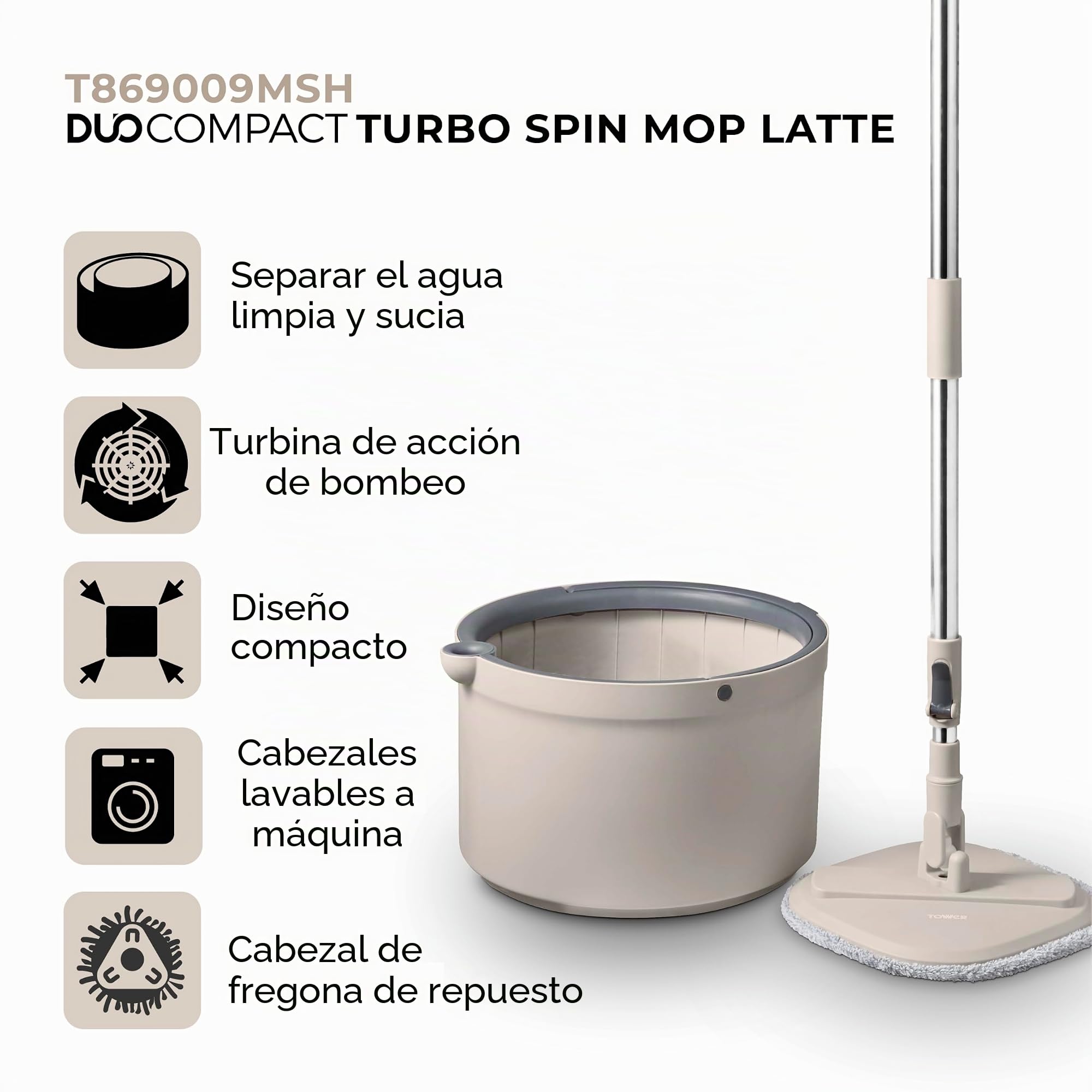 Tower T869009MSH Duo - Mopa giratoria compacta, turbina integrada, 2 contenedores internos, café con Leche y Gris