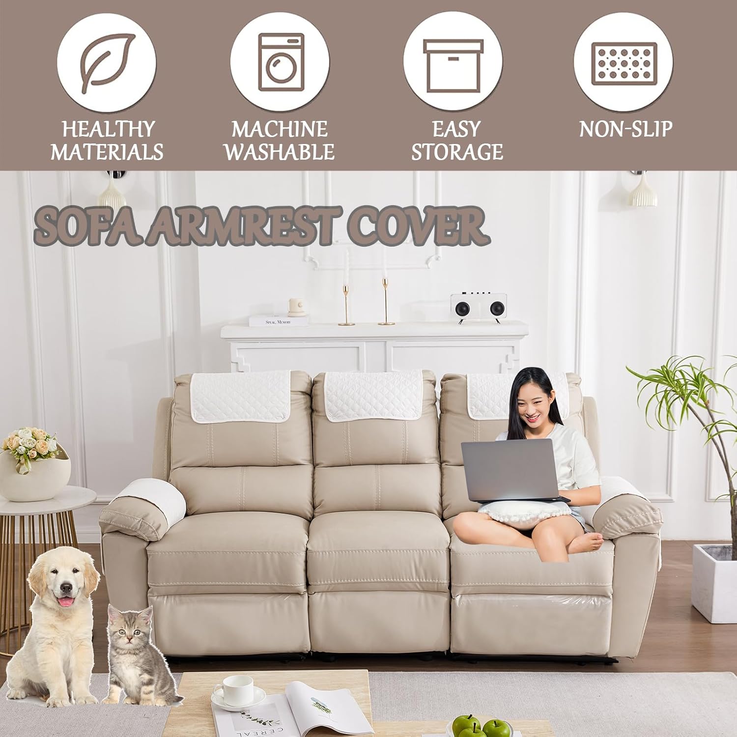 Sofa Armrest Cover, Headrest Cover for Recliner Chair Arm Cover, Armchair Slipcover with Pockets, Nonslip Quilted Furniture Protector for Pets Leather Sofa Couch (Beige,3 Seater(5pcs))