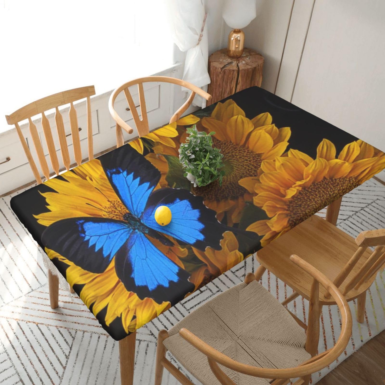 BNVSADC Yellow Sunflowers with Blue Butterflies Printed 5FT Tablecloth Polyester Kitchen Water Resistant Table Cloth Dining Table Decoration Table Covers, 152x76 CM
