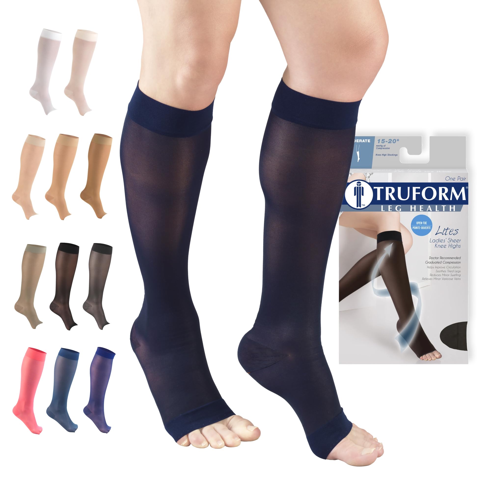 Truform Sheer Compression Stockings, 15-20 mmHg, Women's Knee High Length, Open Toe, 20 Denier, Navy, Medium
