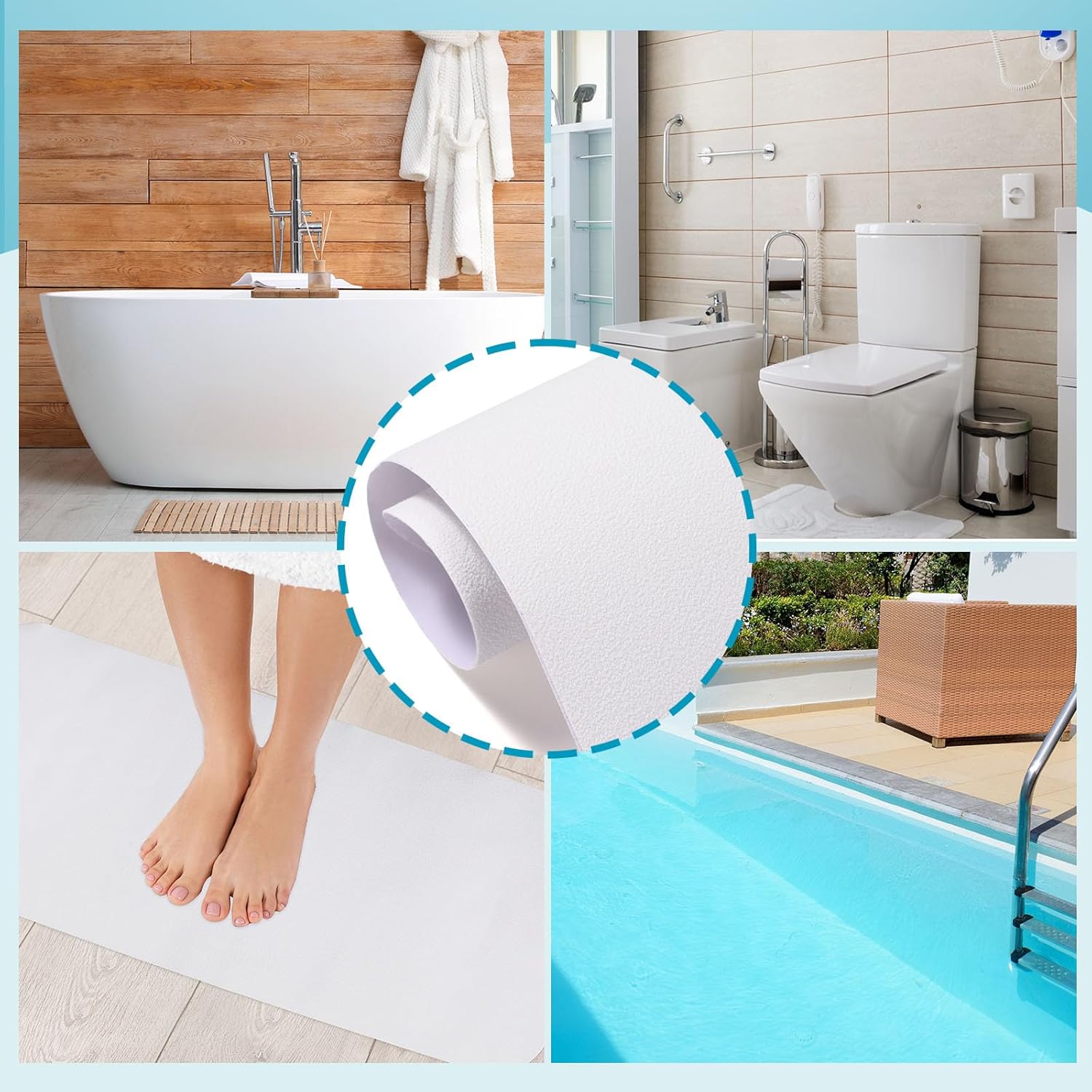 Dunzoom 16" x 40" Non Slip Bathtub Mat with Drain Cut Out Non Skid Safety Bath Mat Adhesive Peel and Stick Bath Tub Mat Arc Angle PEVA Tub Anti Slip Stickers for Shower Floor Wet Areas(White)
