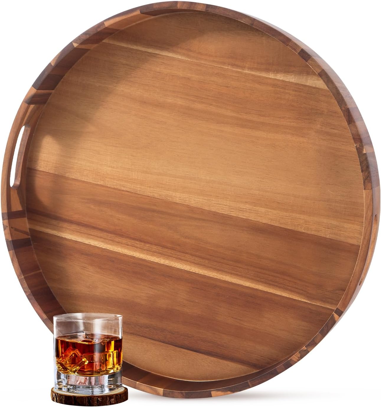 Extra Large Tray for Ottoman 22" Wooden Tray Ottoman Trays Large Acacia Wood Serving Tray with Handles Wooden Trays for Party, Food Serving, Breakfast, Dinner, Coffee Tea, Appetizers Round Tray 20?