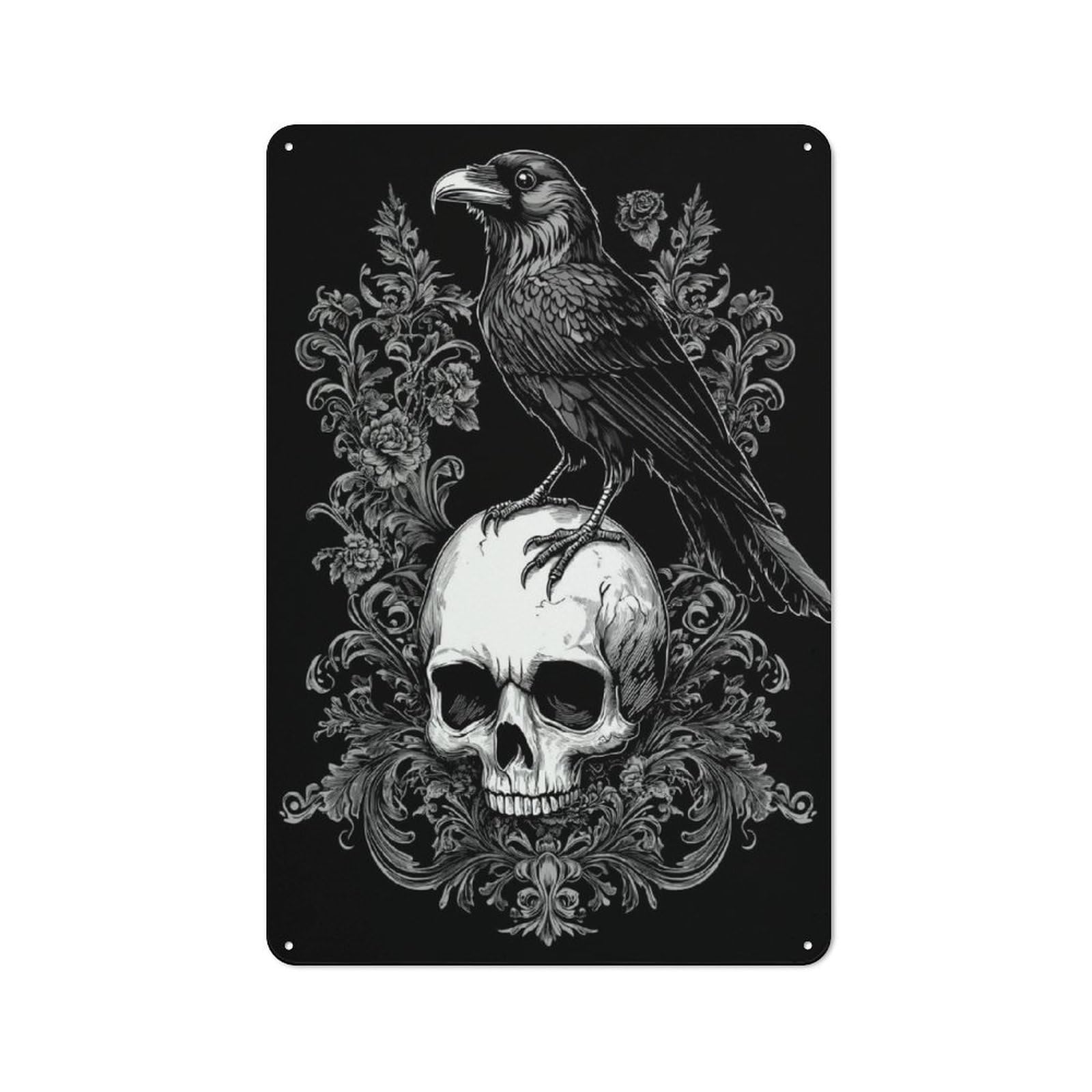 Junmoney Gothic Raven On Skull Country Country Metal Sign 30X20cm Featuring Rustic Kitchen Decor For Cottage, Kitchen, Hallway Or Breakfast Nook