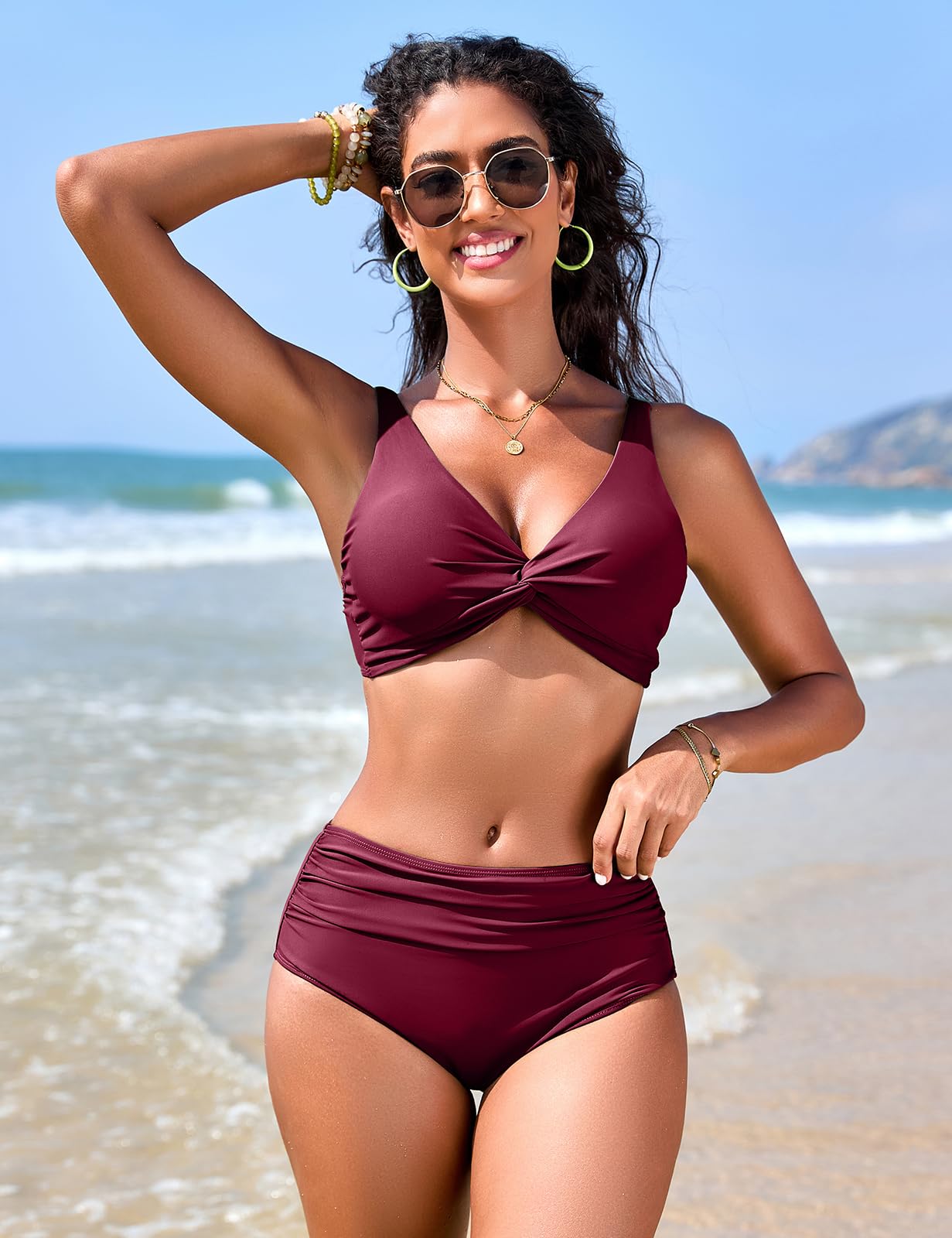 Damen Push Up Bikini Set Sexy V Ausschnitt Twist Oberteil Bauchweg Badeanzug mit Verstellbaren Trägern High Waist Hose Bademode für Strand & Pool