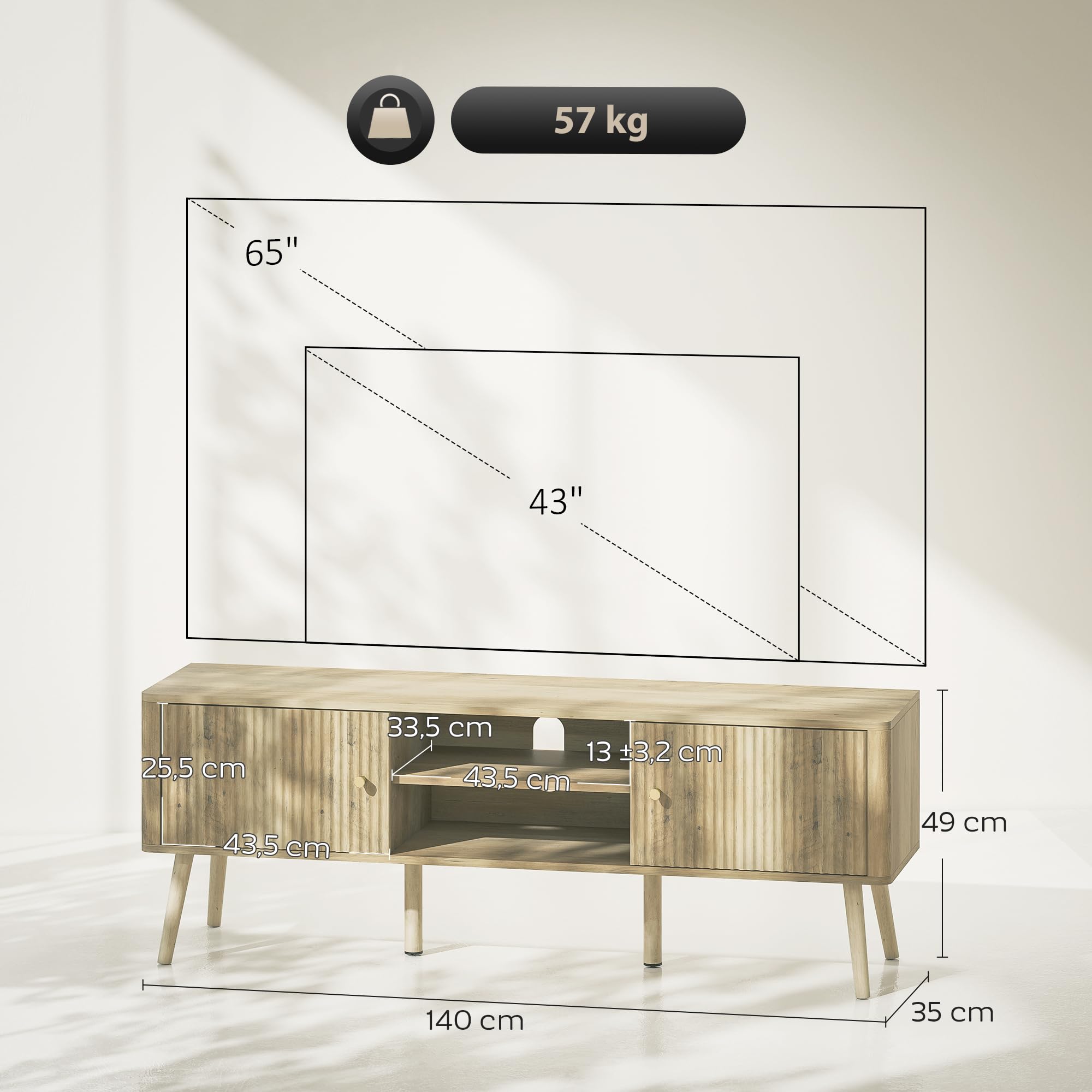 HOMCOM Meuble TV 140 cm, Meuble télé pour téléviseur jusqu'à 65 Pouces avec 2 Portes, 2 Compartiments Ouverts, étagère réglable et Pieds en pin, Banc TV pour Salon, Chambre à Coucher, chêne