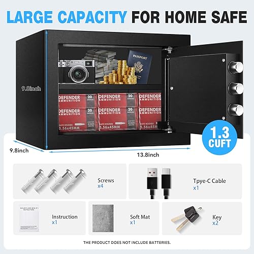 Miniatura 3 de Caja de seguridad biométrica de huellas dactilares para el hogar, caja de seguridad de 1.3 pies cúbicos con modo de desbloqueo doble, sistema de
