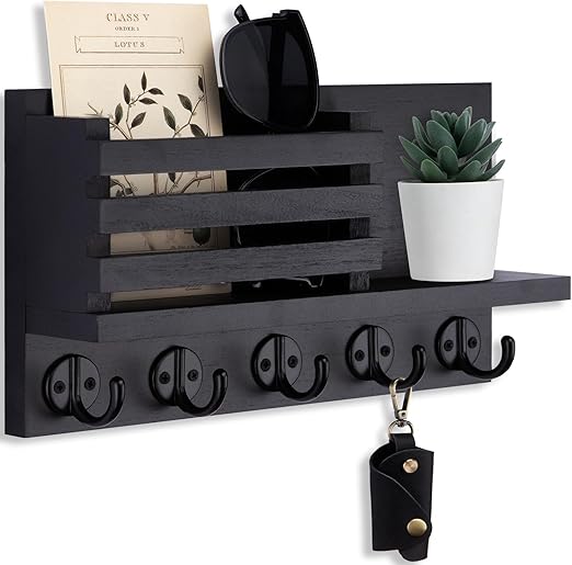 Key Holder for Wall – Decorative Wooden Mail Holder and Key Shelf with Mounting Hardware, Installation Guide – Paulownia Wood with 5 Metal Key Hooks (11.8” x 6.7” x 2.8”)
