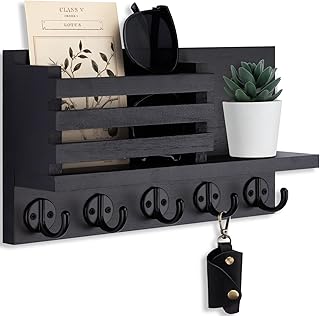 Lwenki Key Holder for Wall – Decorative Wooden Mail Holder and Key Shelf with Mounting Hardware, Installation Guide – Paulownia Wood with Metal Key Hooks (Black, Large - 11.8inch)