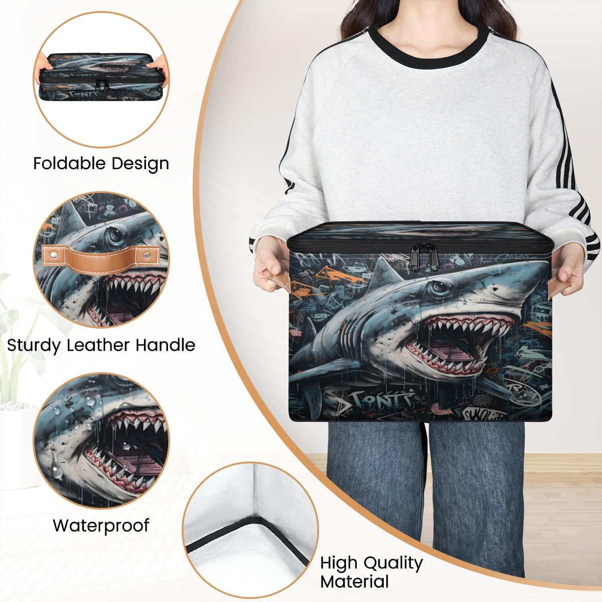 Storage Bin Set of 2 Scary Shark Storage Basket with Zipper Lid & Handle Foldable Closet Shelf 2 Pack Cloth Organizer Basket Cube Bins Clothes Organizer for Bedroom, Nursery