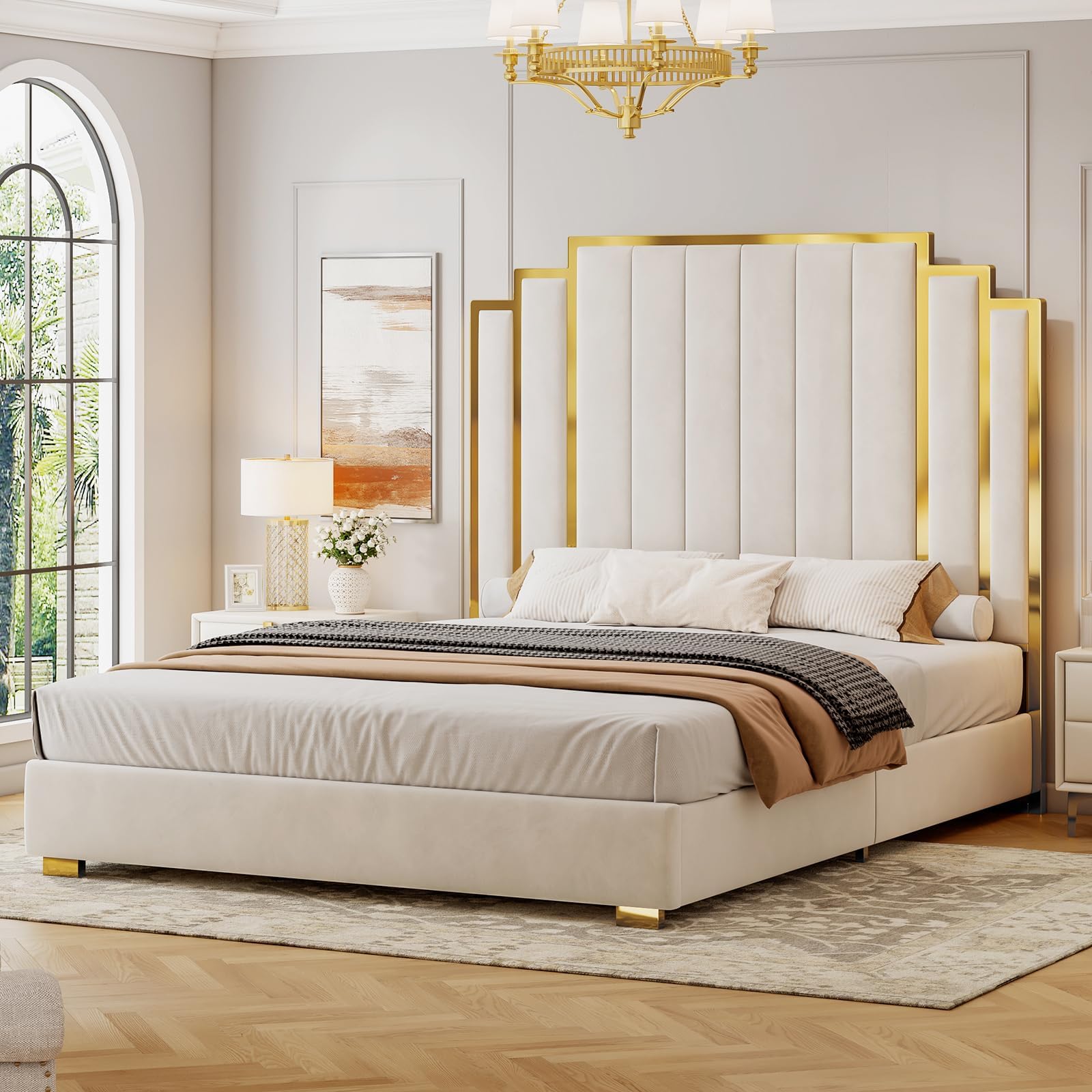 Queen Size Platform Bed Frame with 61" Extra Tall Headboard, Velvet Upholstered Bed with Golden Plating Trim, Wooden Slats/No Box Spring Needed/Noisy Free/Cream