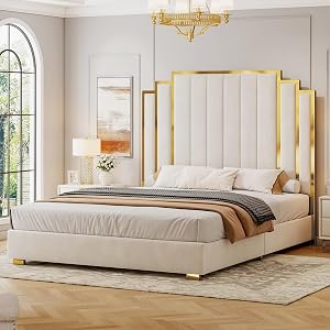 King Size Platform Bed Frame with 65 Extra Tall Headboard Velvet Upholstered Bed with Golden Plating Trim Wooden